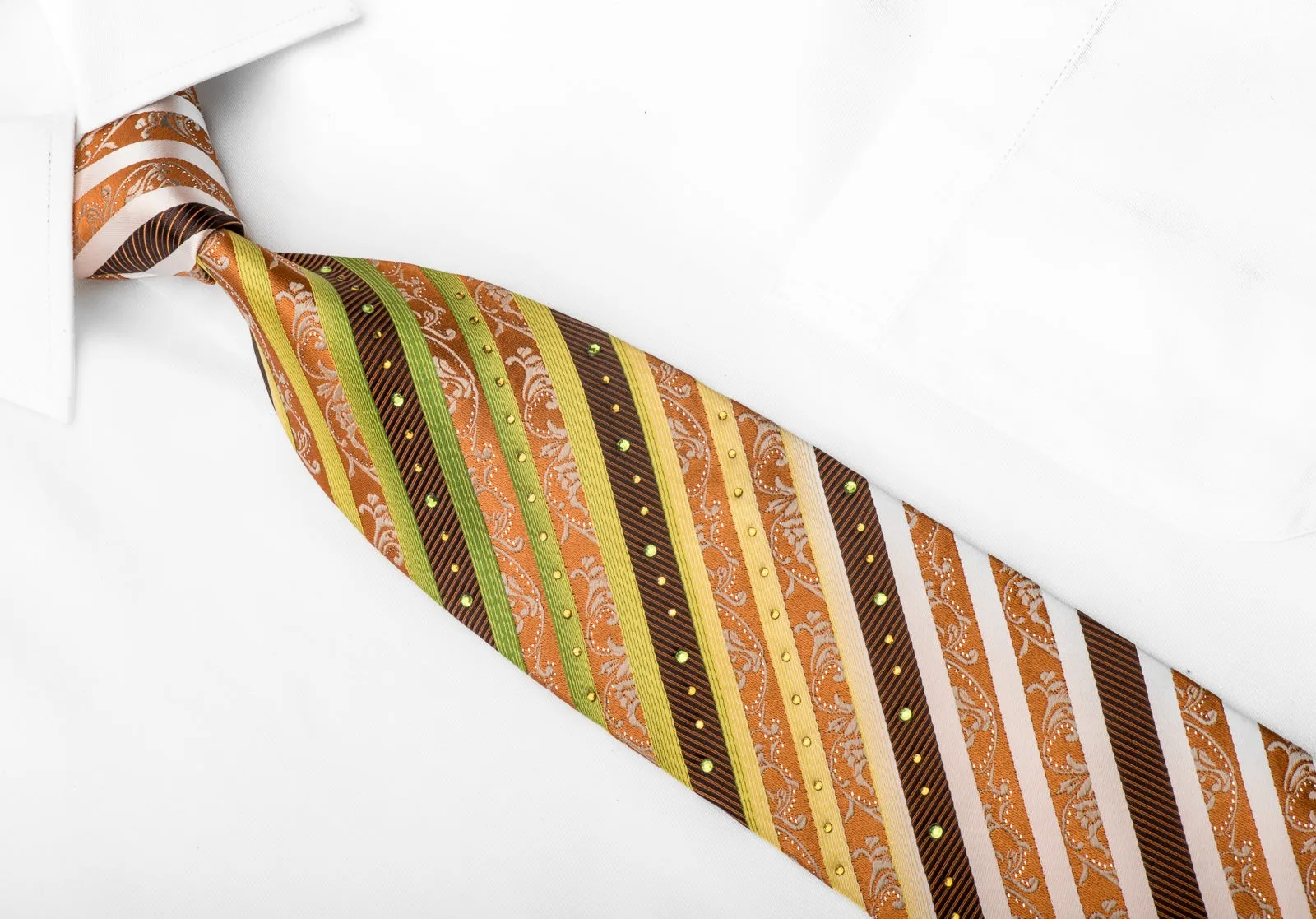 Cuni Homme Men's Crystal Necktie Orange Brown Green Striped With Silver Sparkles