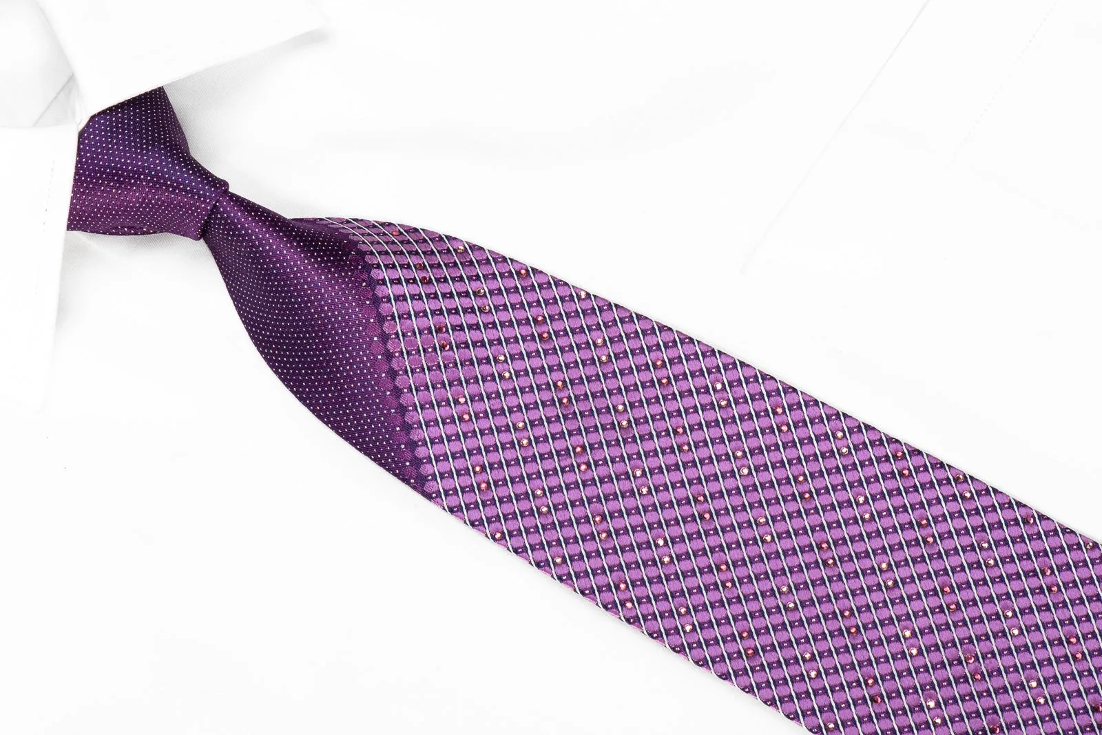 Daks Men's Crystal Necktie Geometric Dots On Purple Silk With Silver Sparkles