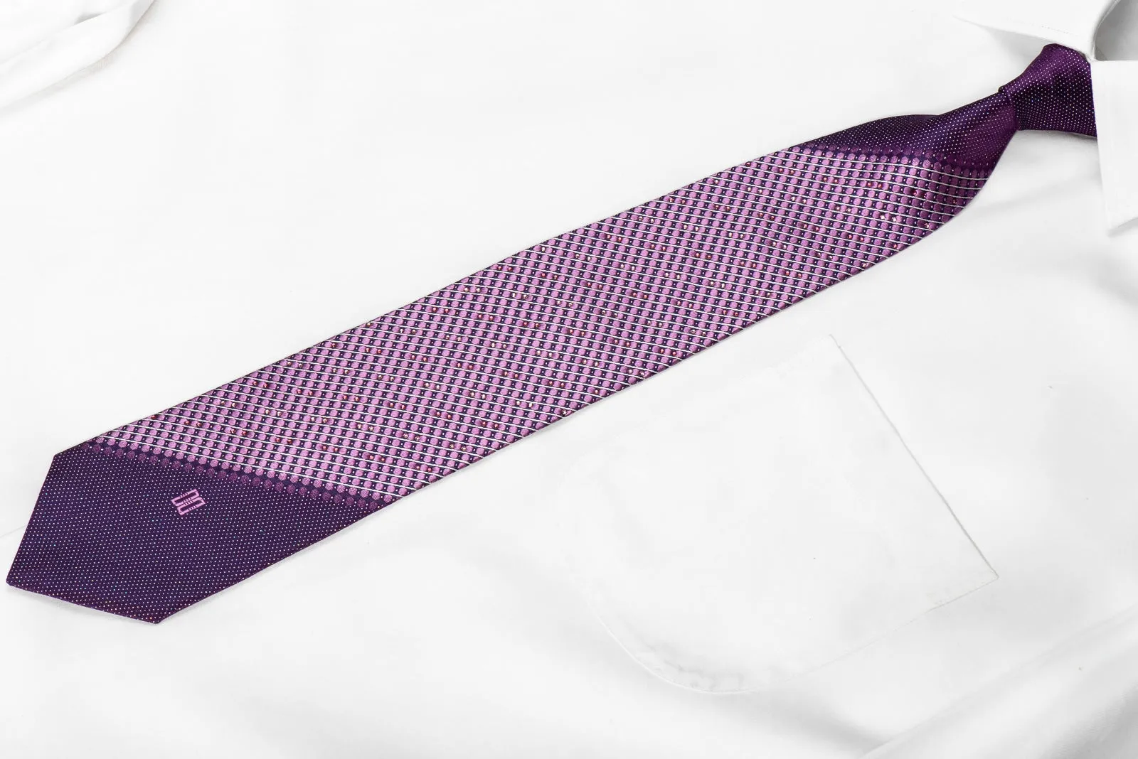 Daks Men's Crystal Necktie Geometric Dots On Purple Silk With Silver Sparkles