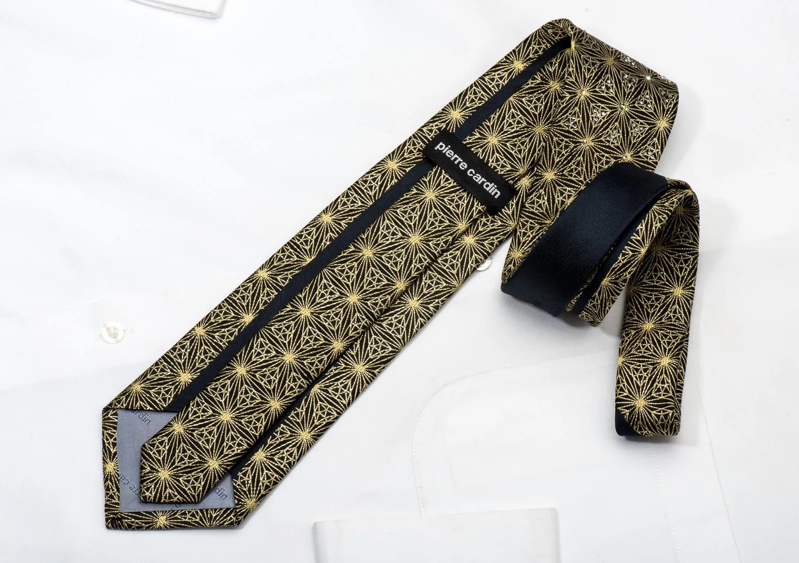 Daks Men's Rhinestone Silk Necktie Gold Trellis On Black With Gold Sparkles