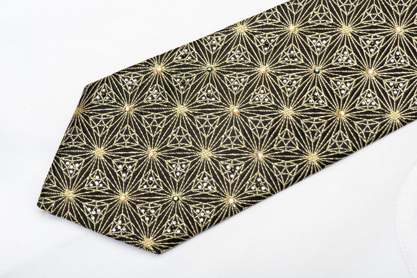 Daks Men's Rhinestone Silk Necktie Gold Trellis On Black With Gold Sparkles