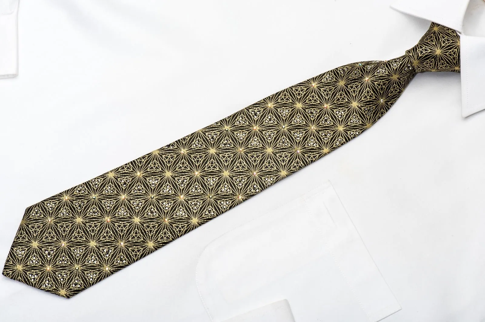 Daks Men's Rhinestone Silk Necktie Gold Trellis On Black With Gold Sparkles