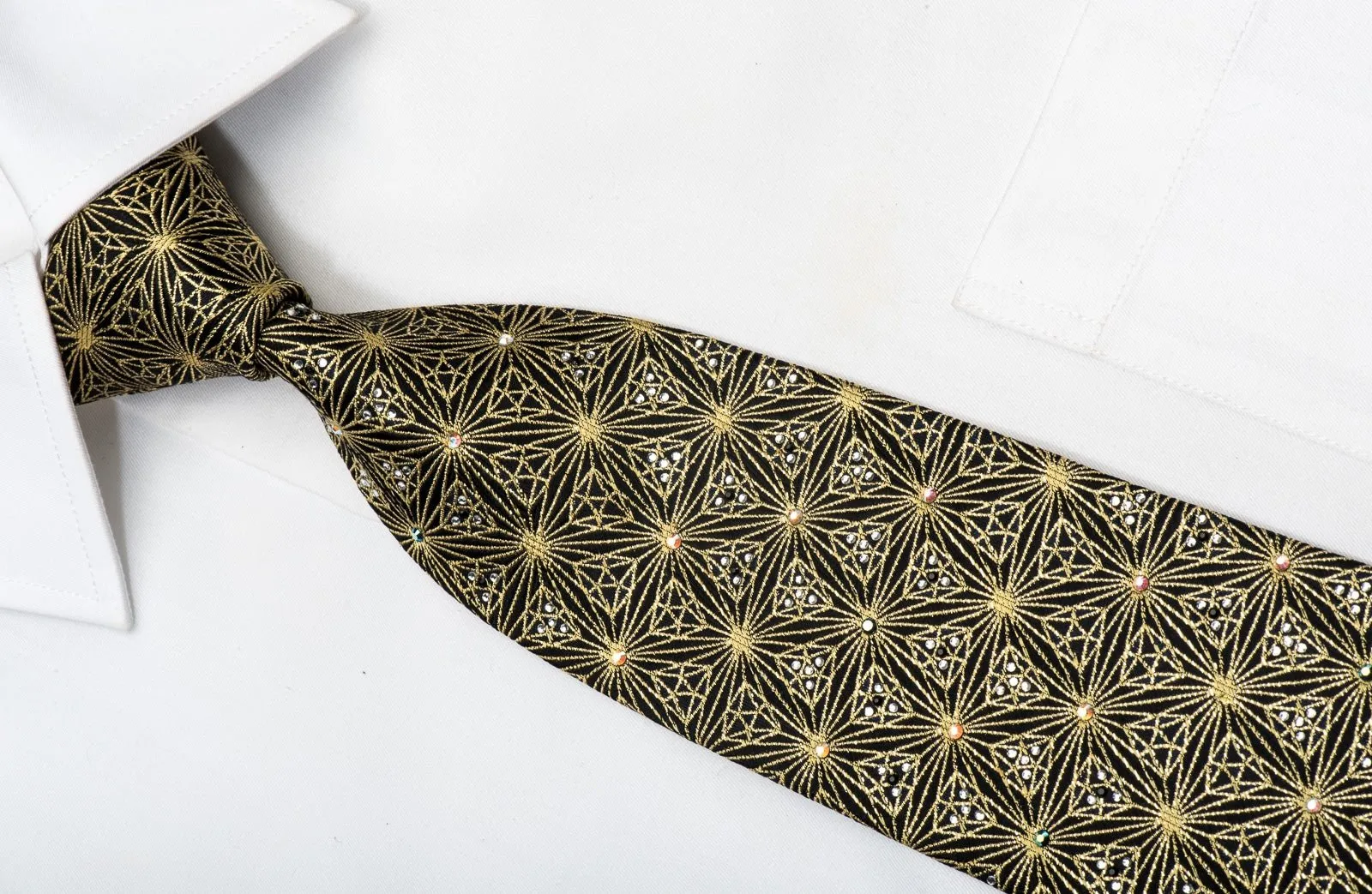 Daks Men's Rhinestone Silk Necktie Gold Trellis On Black With Gold Sparkles