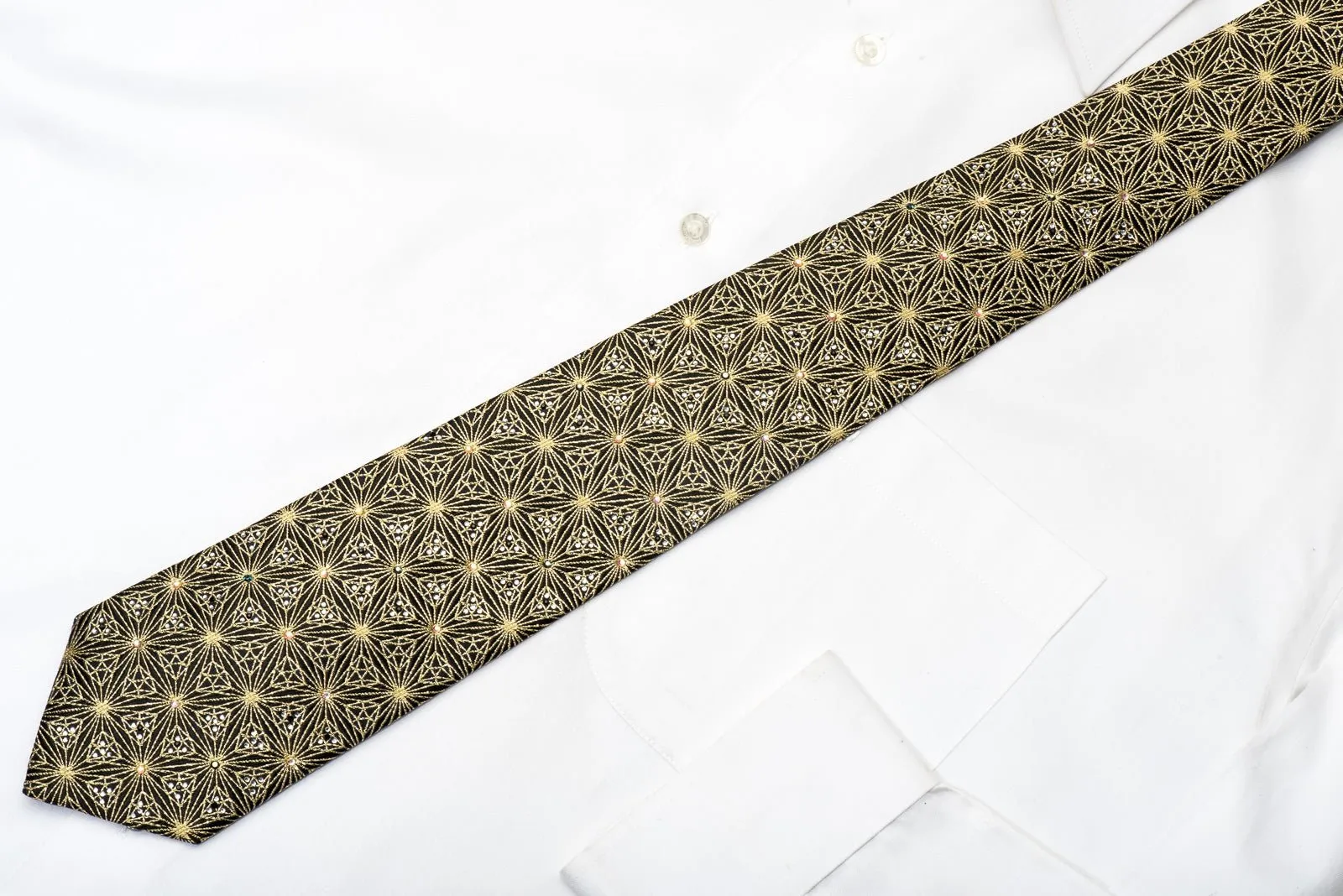 Daks Men's Rhinestone Silk Necktie Gold Trellis On Black With Gold Sparkles