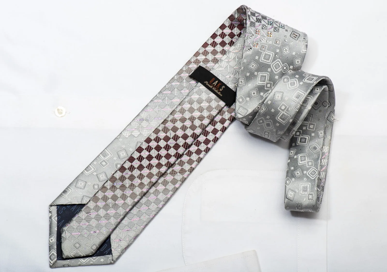 Daks Men's Silk Crystal Rhinestone Necktie Silver Checker With Sparkles