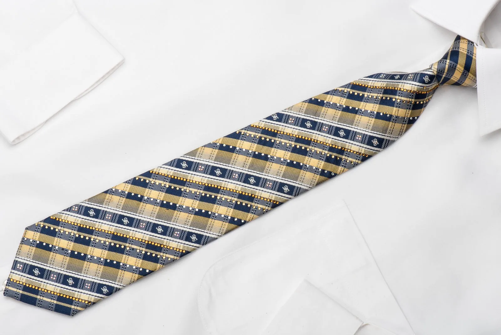 Daks Rhinestone Silk Necktie Blue Yellow Plaids With Silver Sparkles