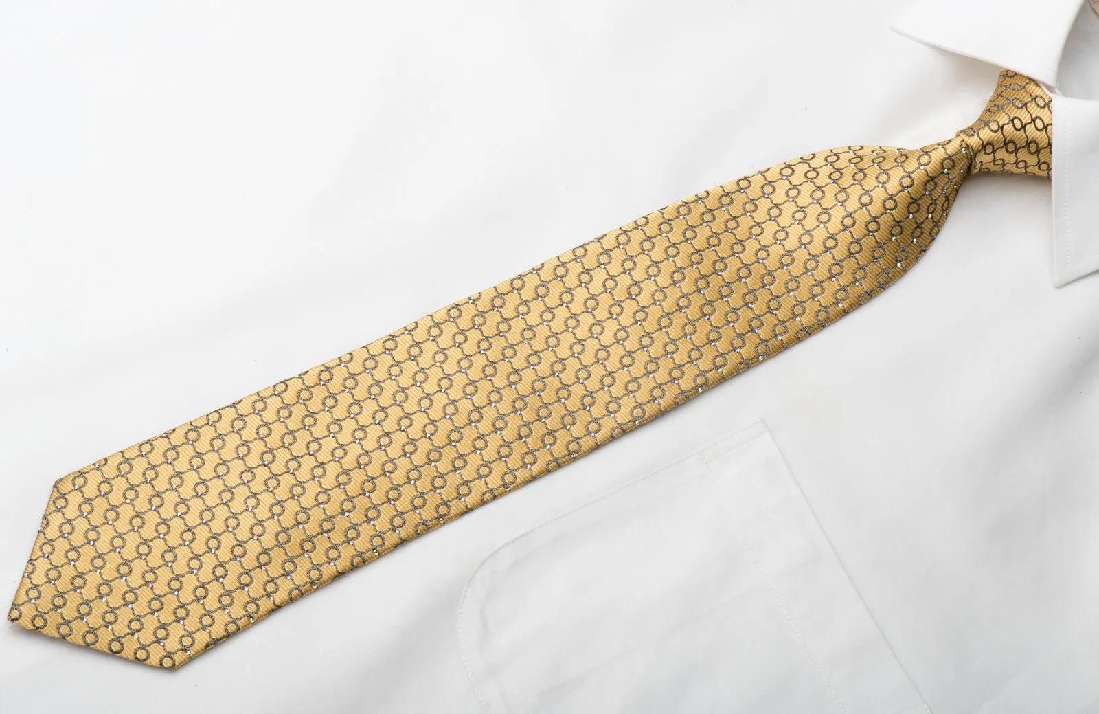 Daniel Hechter Men's Silk Tie Silver Trellis On Golden Yellow Sparkling With Rhinestones