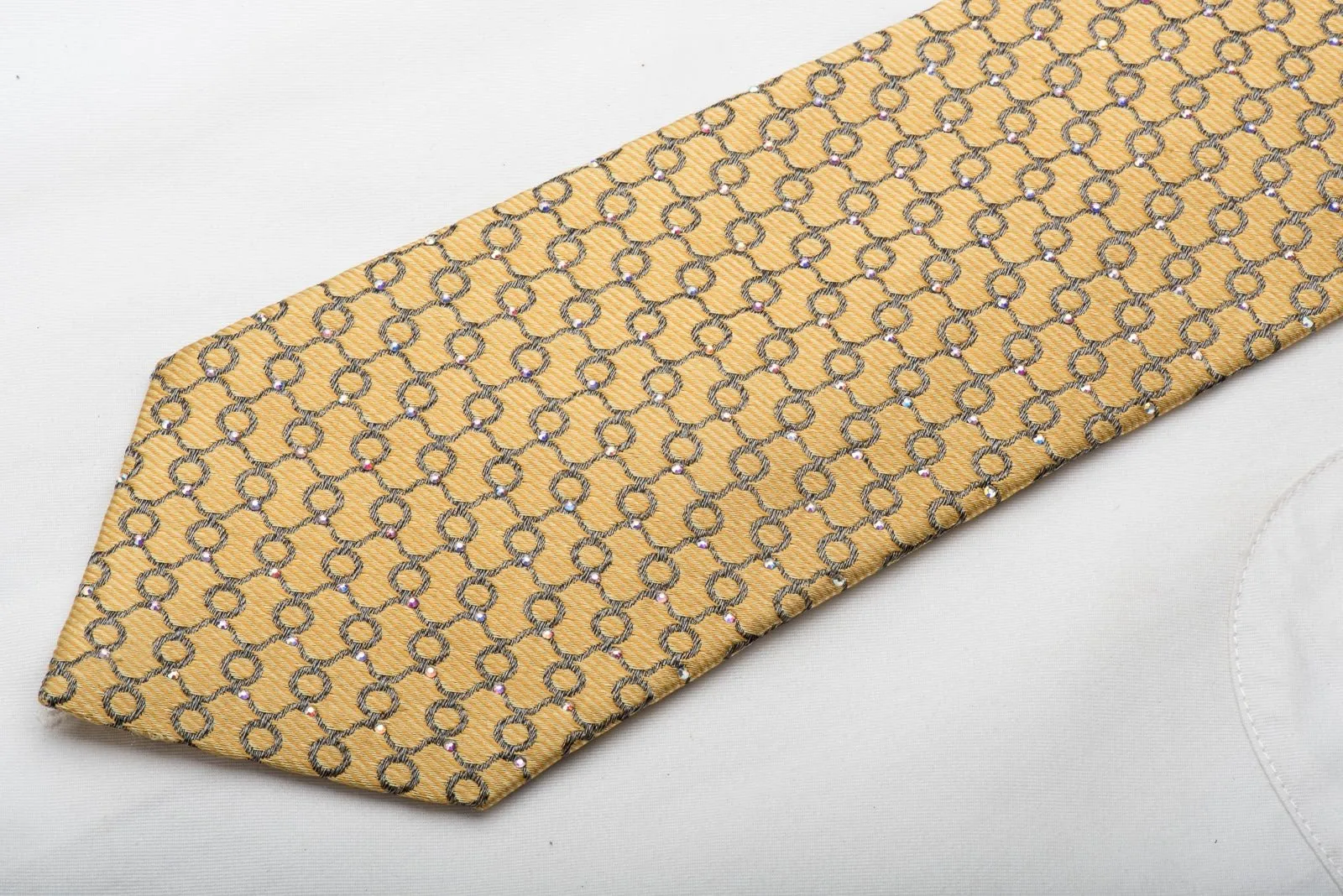 Daniel Hechter Men's Silk Tie Silver Trellis On Golden Yellow Sparkling With Rhinestones