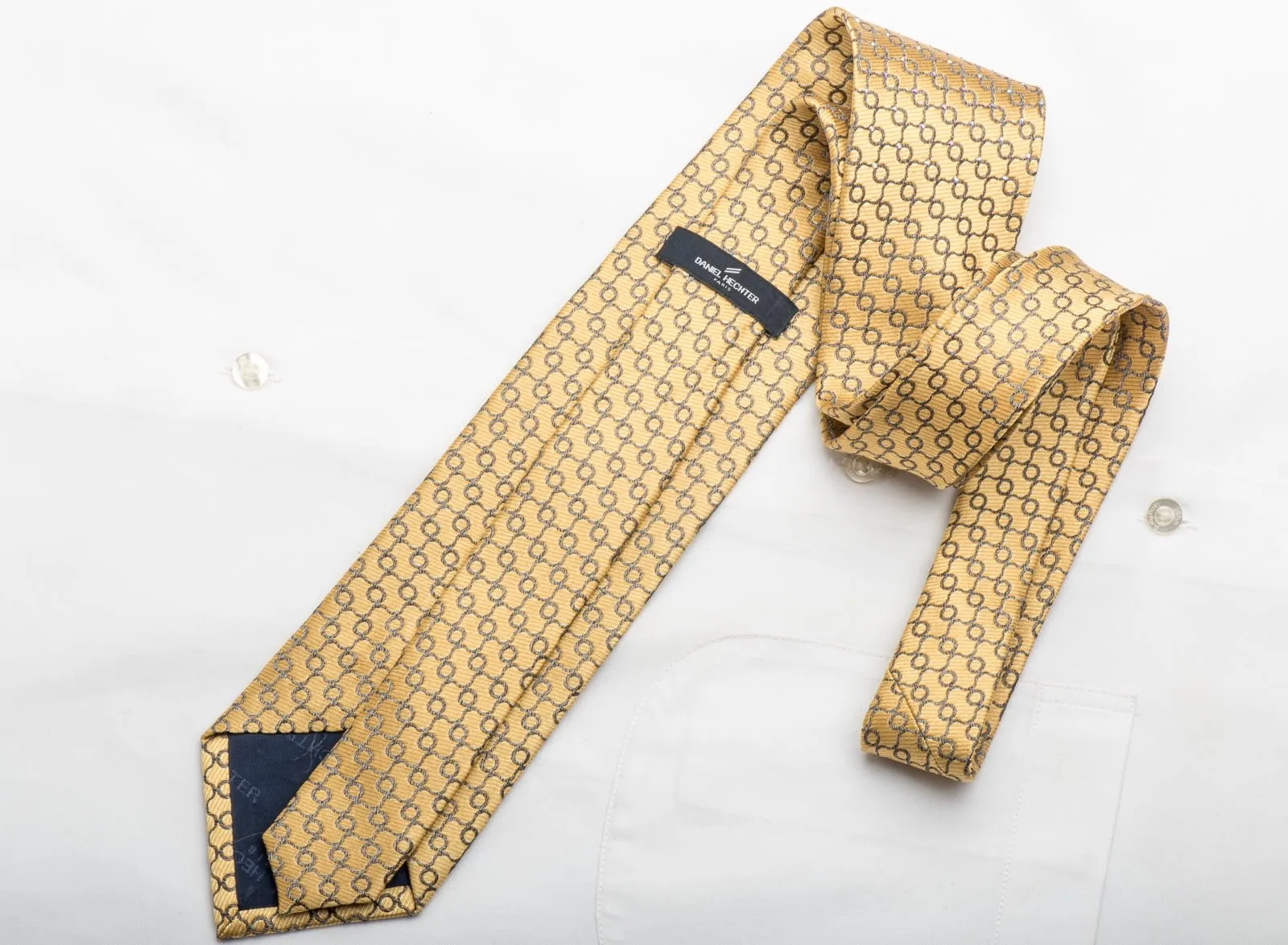 Daniel Hechter Men's Silk Tie Silver Trellis On Golden Yellow Sparkling With Rhinestones