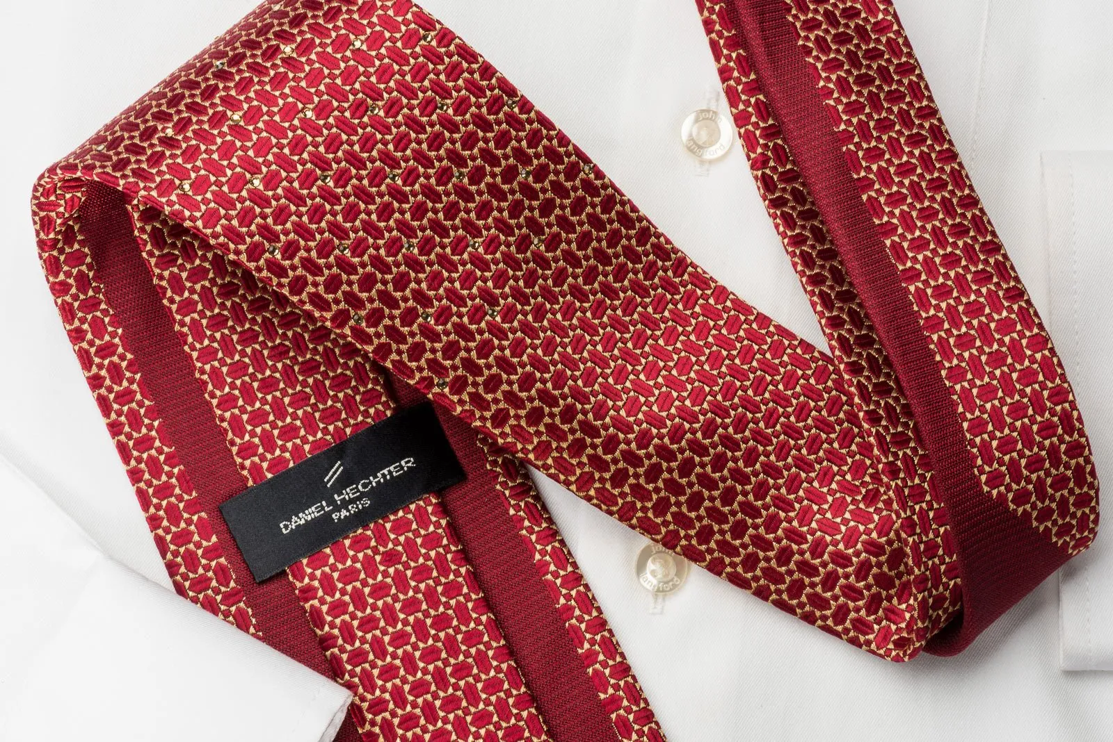 Daniel Hechter Rhinestone Silk Necktie Gold Burgundy Geometric With Silver Sparkles