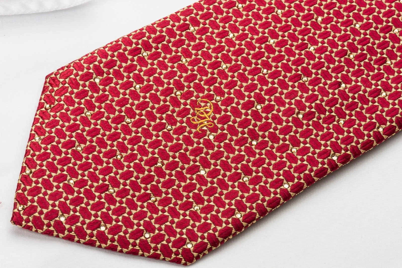 Daniel Hechter Rhinestone Silk Necktie Gold Burgundy Geometric With Silver Sparkles