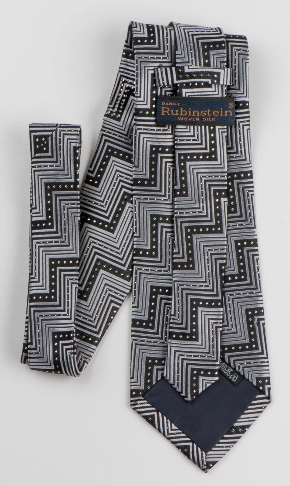 Daniel Rubenstein Men's Rhinestone Silk Neck Tie Silver Zig Zags On Black With Silver Sparkles