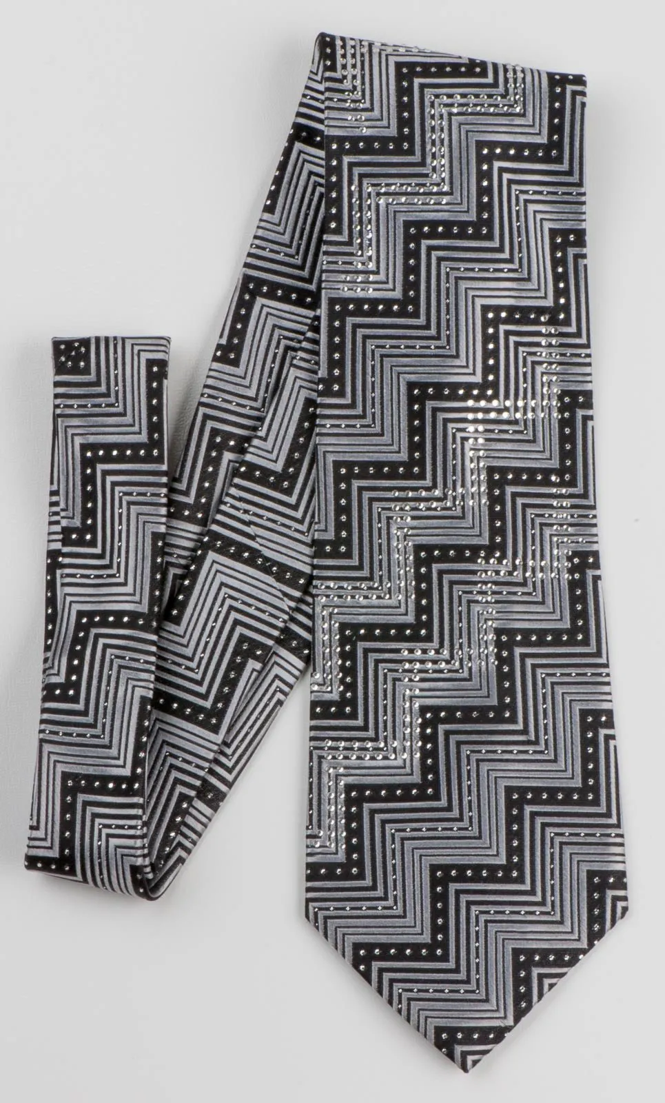 Daniel Rubenstein Men's Rhinestone Silk Neck Tie Silver Zig Zags On Black With Silver Sparkles