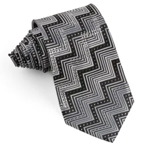 Daniel Rubenstein Men's Rhinestone Silk Neck Tie Silver Zig Zags On Black With Silver Sparkles