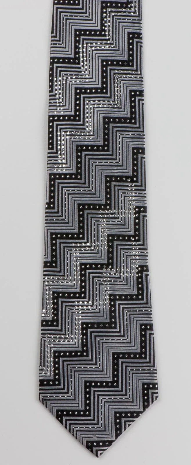 Daniel Rubenstein Men's Rhinestone Silk Neck Tie Silver Zig Zags On Black With Silver Sparkles