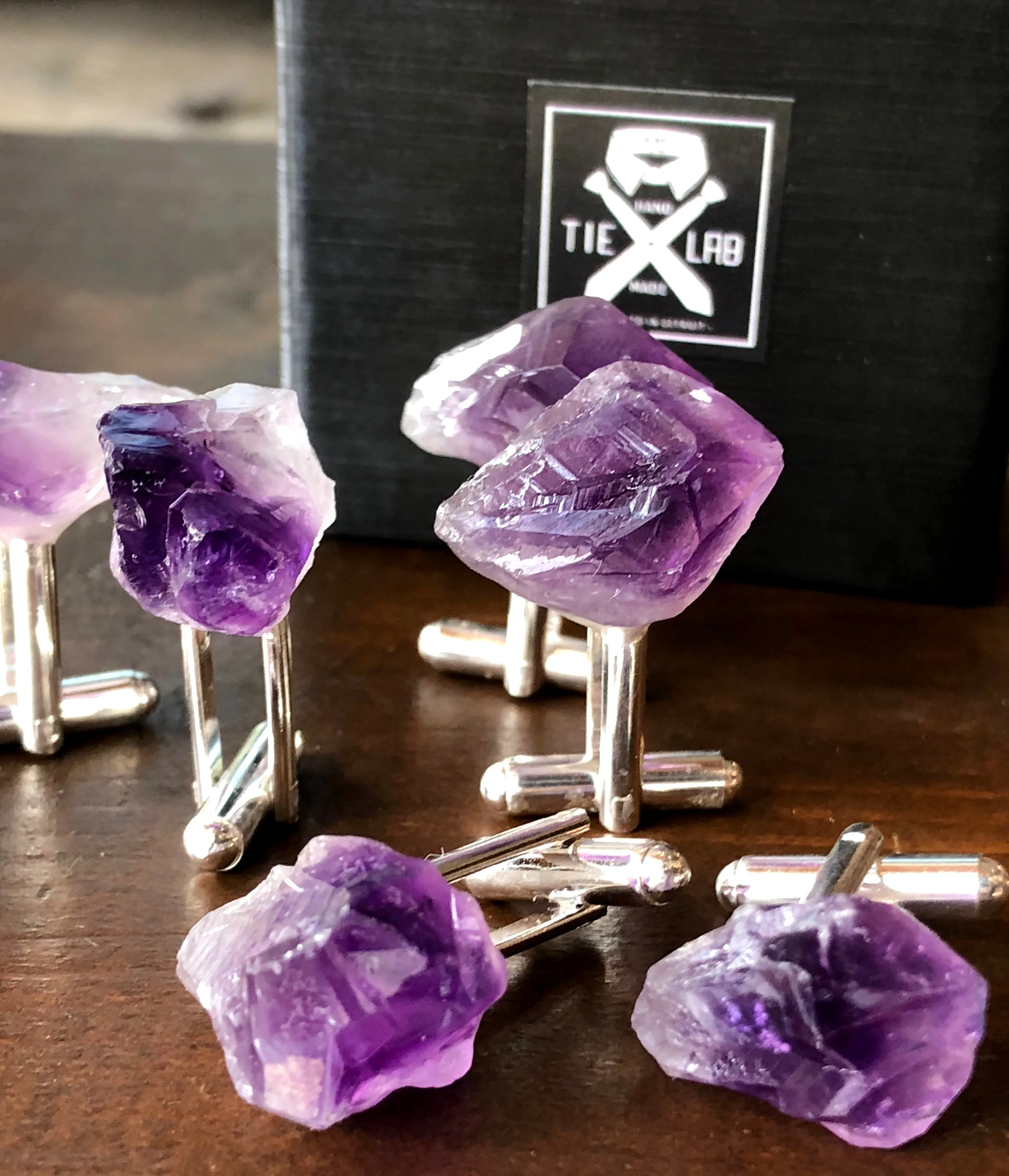 Deep Purple Uruguay Amethyst Crystal Cufflinks, raw stone crystal cuff links