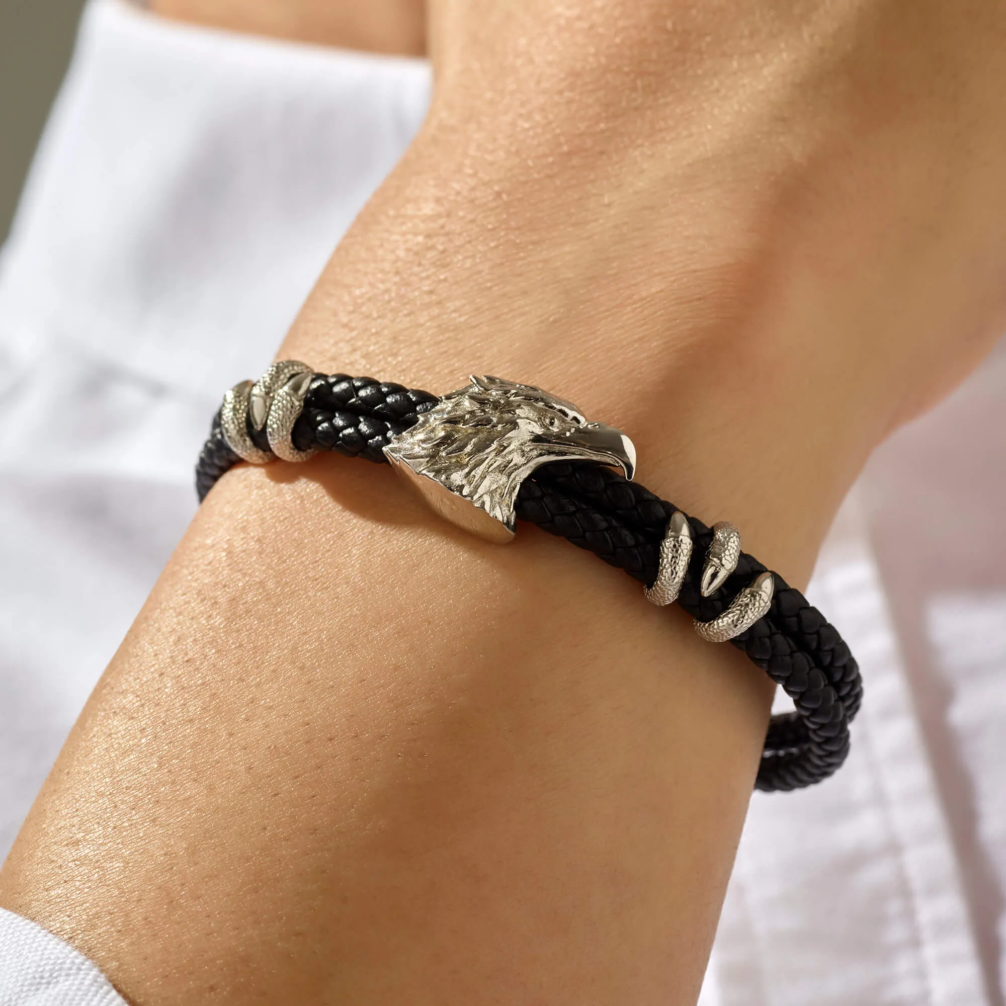 Eagle Leather Bracelet  - Solid Silver