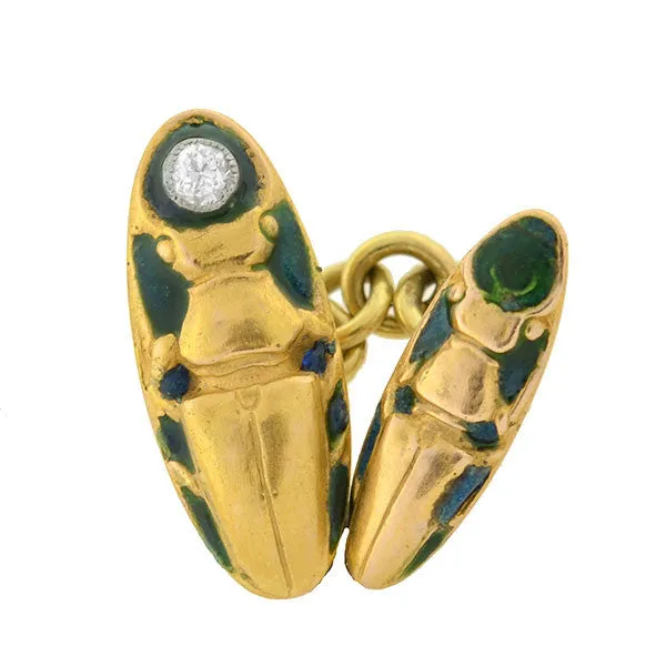 Edwardian 18kt Enamel & Diamond Scarab Cufflinks