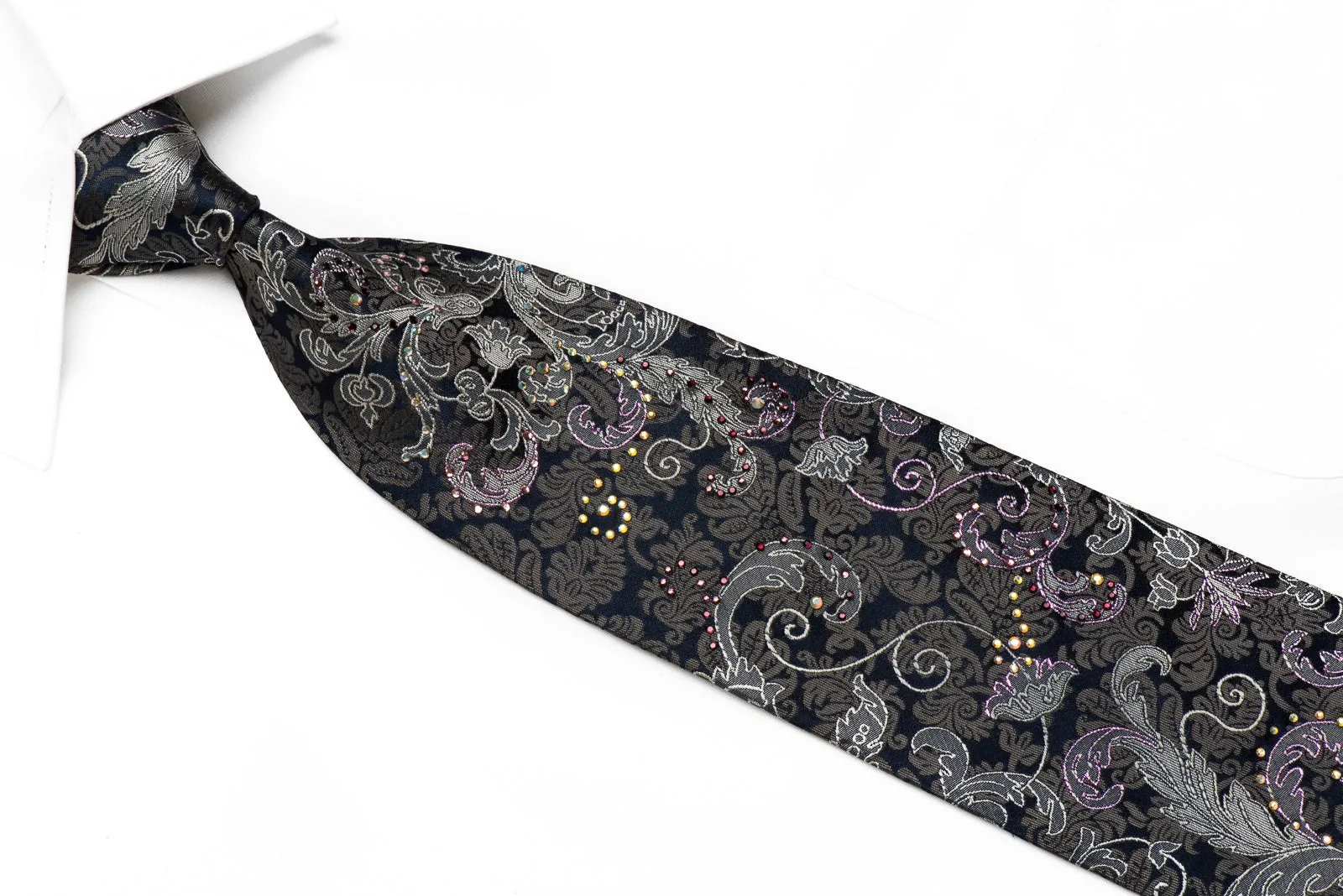 Elegance Men's Crystal Silk Tie Anthemion On Black With Purple Sparkles