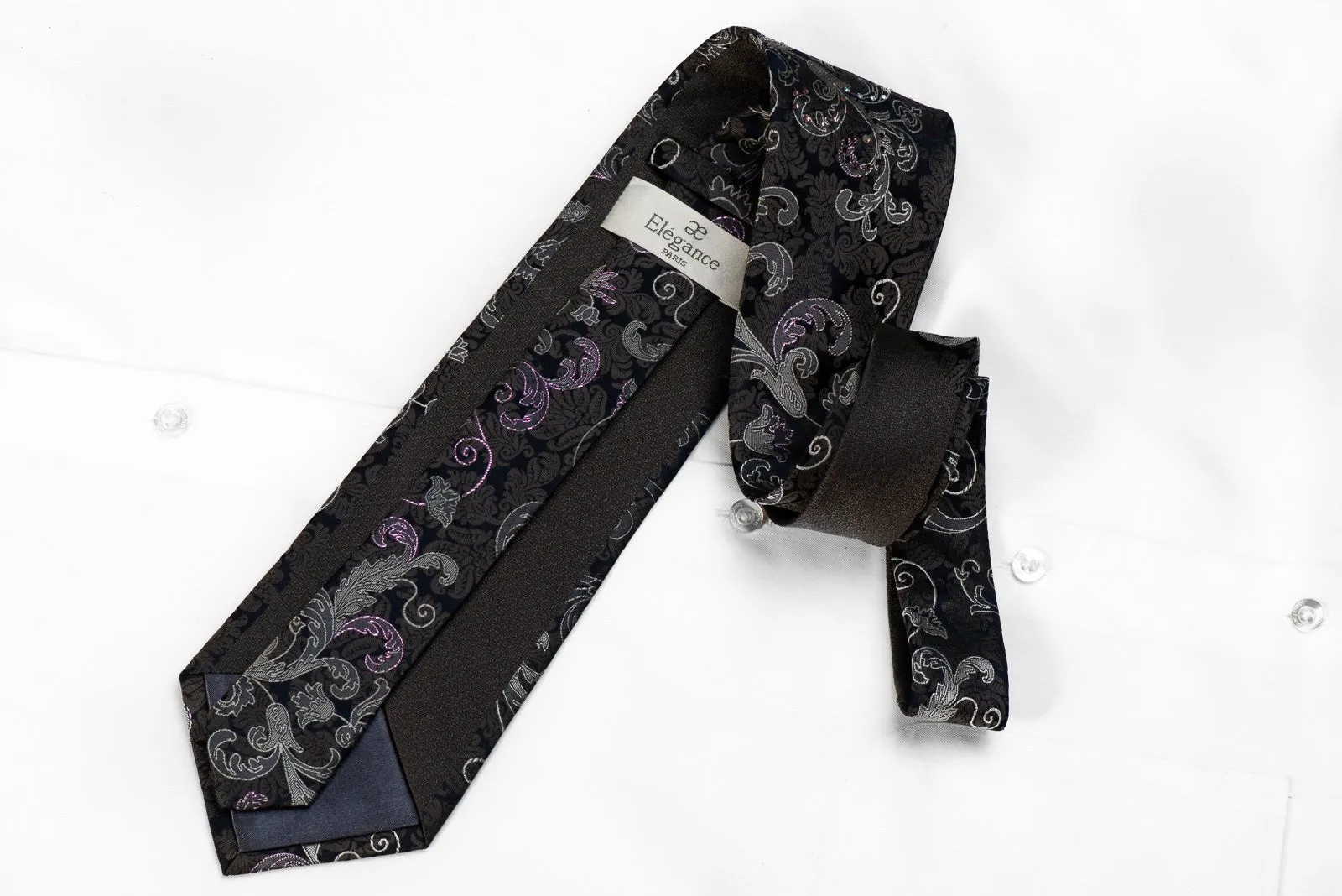 Elegance Men's Crystal Silk Tie Anthemion On Black With Purple Sparkles