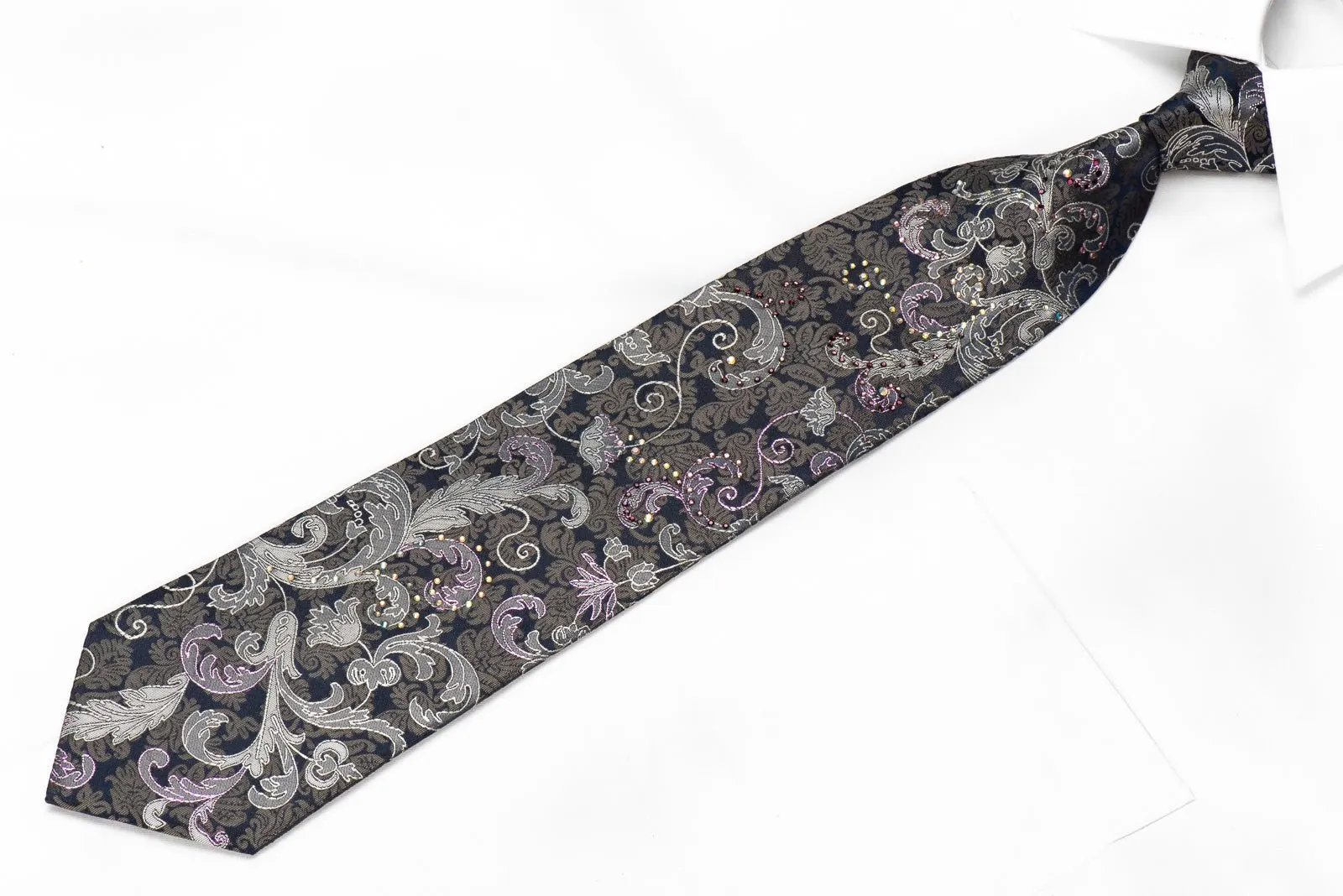 Elegance Men's Crystal Silk Tie Anthemion On Black With Purple Sparkles