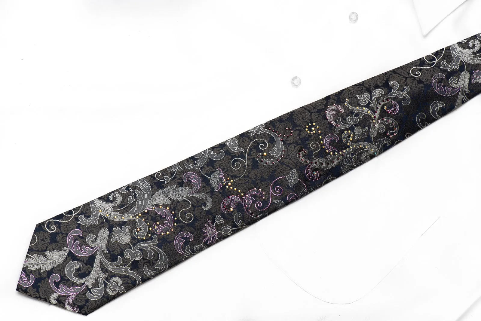 Elegance Men's Crystal Silk Tie Anthemion On Black With Purple Sparkles