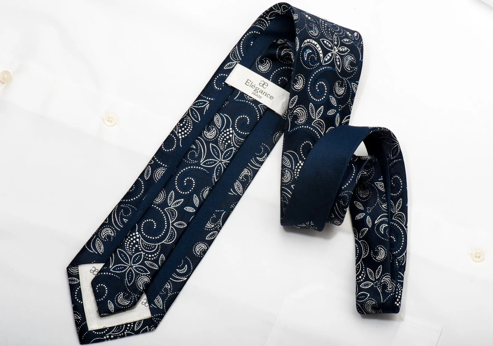 Elegance Mens Rhinestone Silk Necktie Floral On Navy Blue With Silver Sparkles