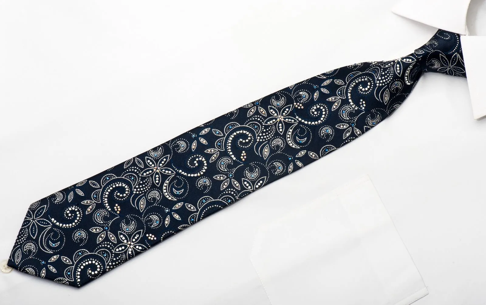 Elegance Mens Rhinestone Silk Necktie Floral On Navy Blue With Silver Sparkles