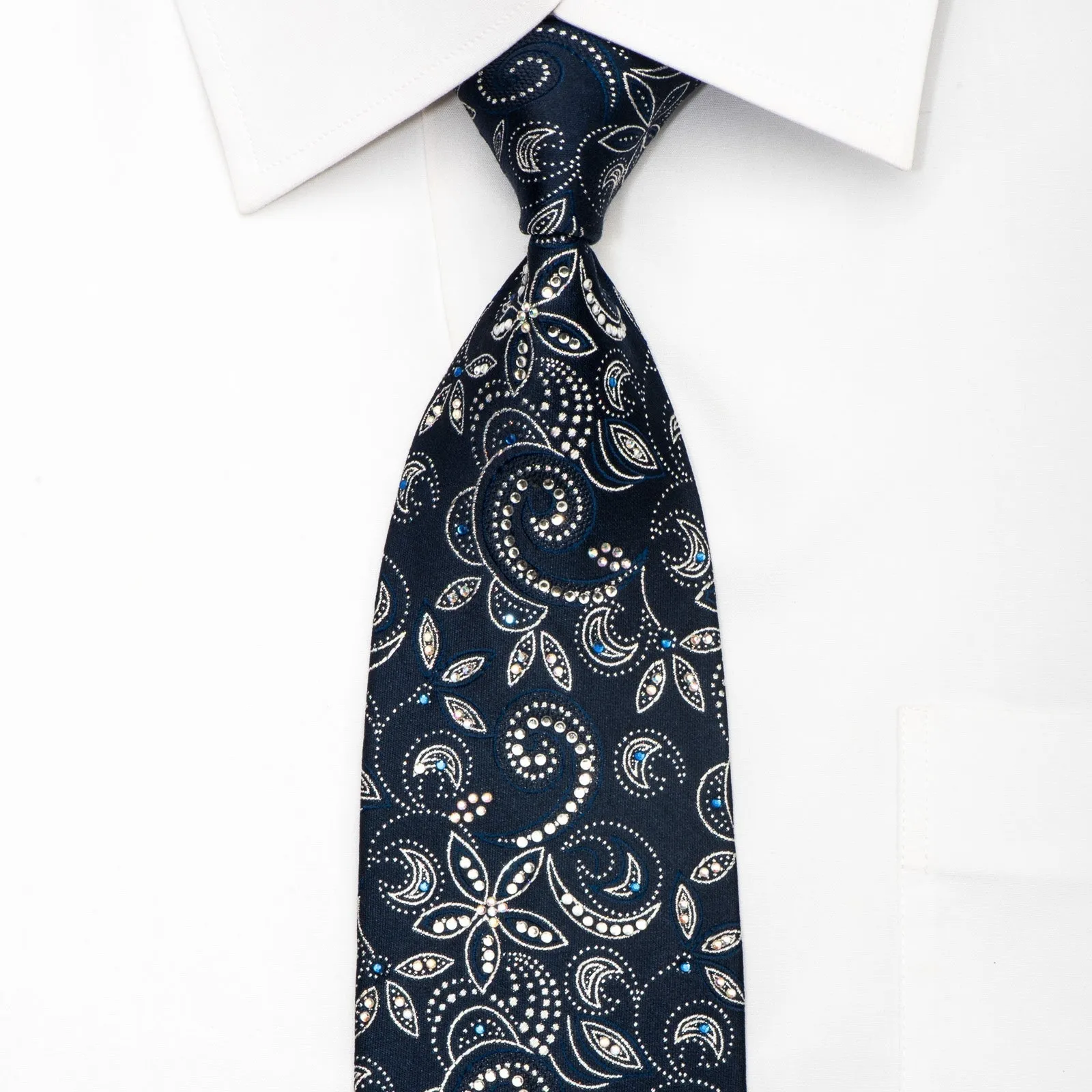 Elegance Mens Rhinestone Silk Necktie Floral On Navy Blue With Silver Sparkles