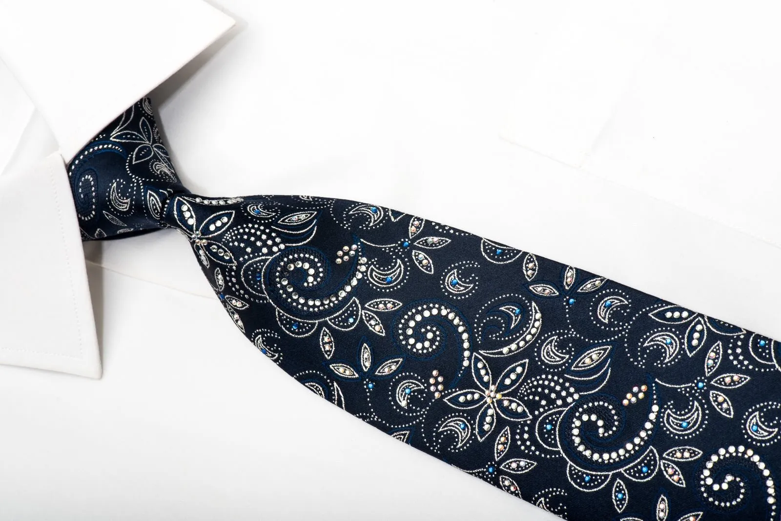 Elegance Mens Rhinestone Silk Necktie Floral On Navy Blue With Silver Sparkles