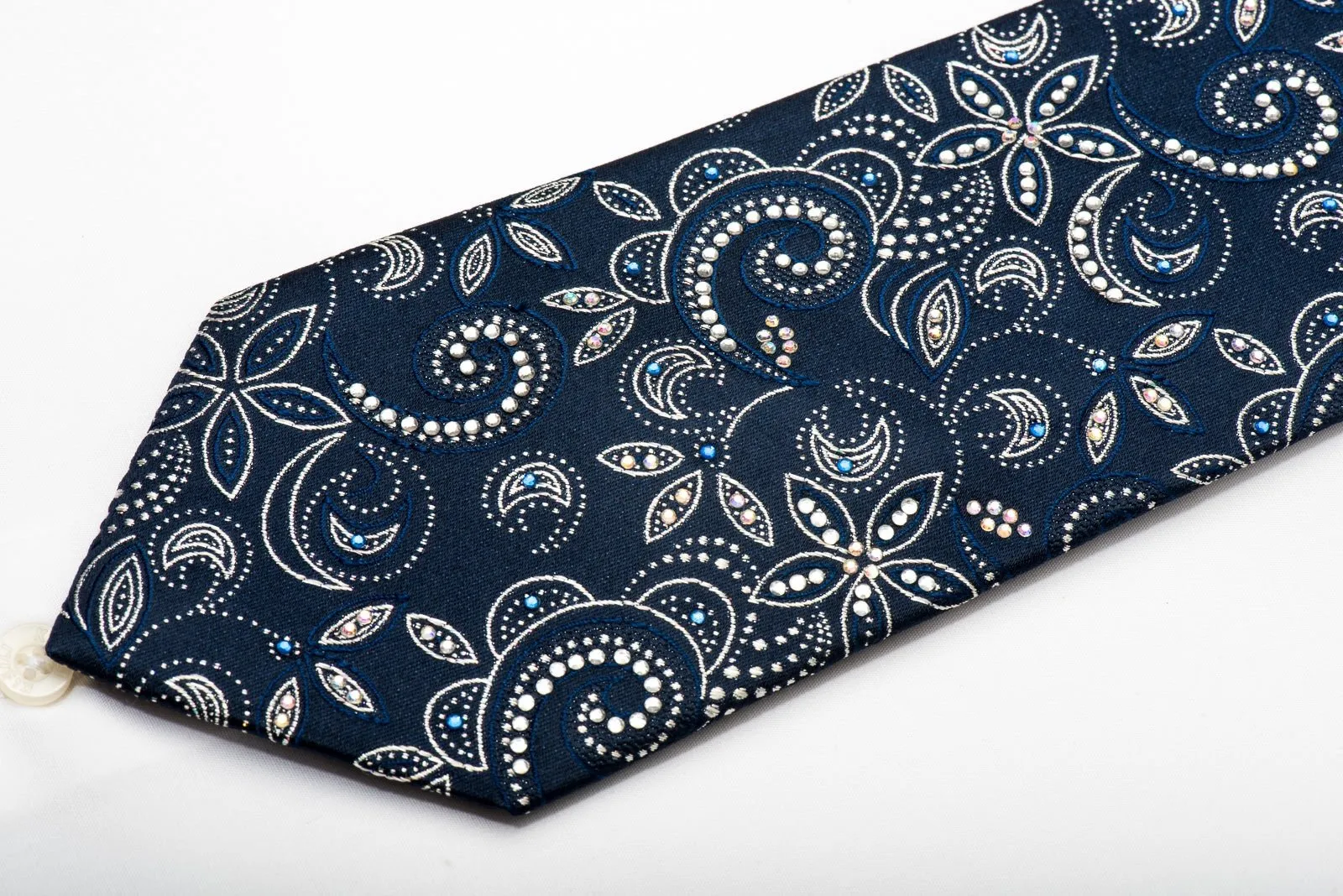 Elegance Mens Rhinestone Silk Necktie Floral On Navy Blue With Silver Sparkles