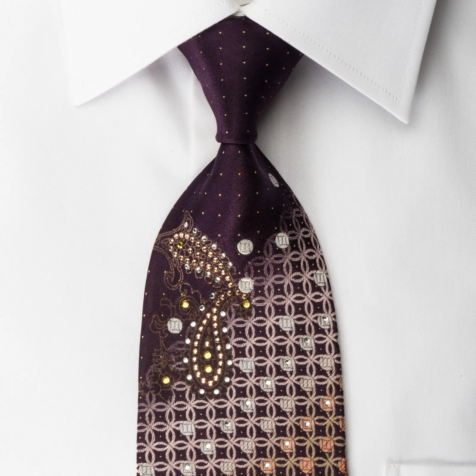 Elegance Silk Rhinestone Necktie Paisley Interlocking Circles On Brown With Silver Sparkles