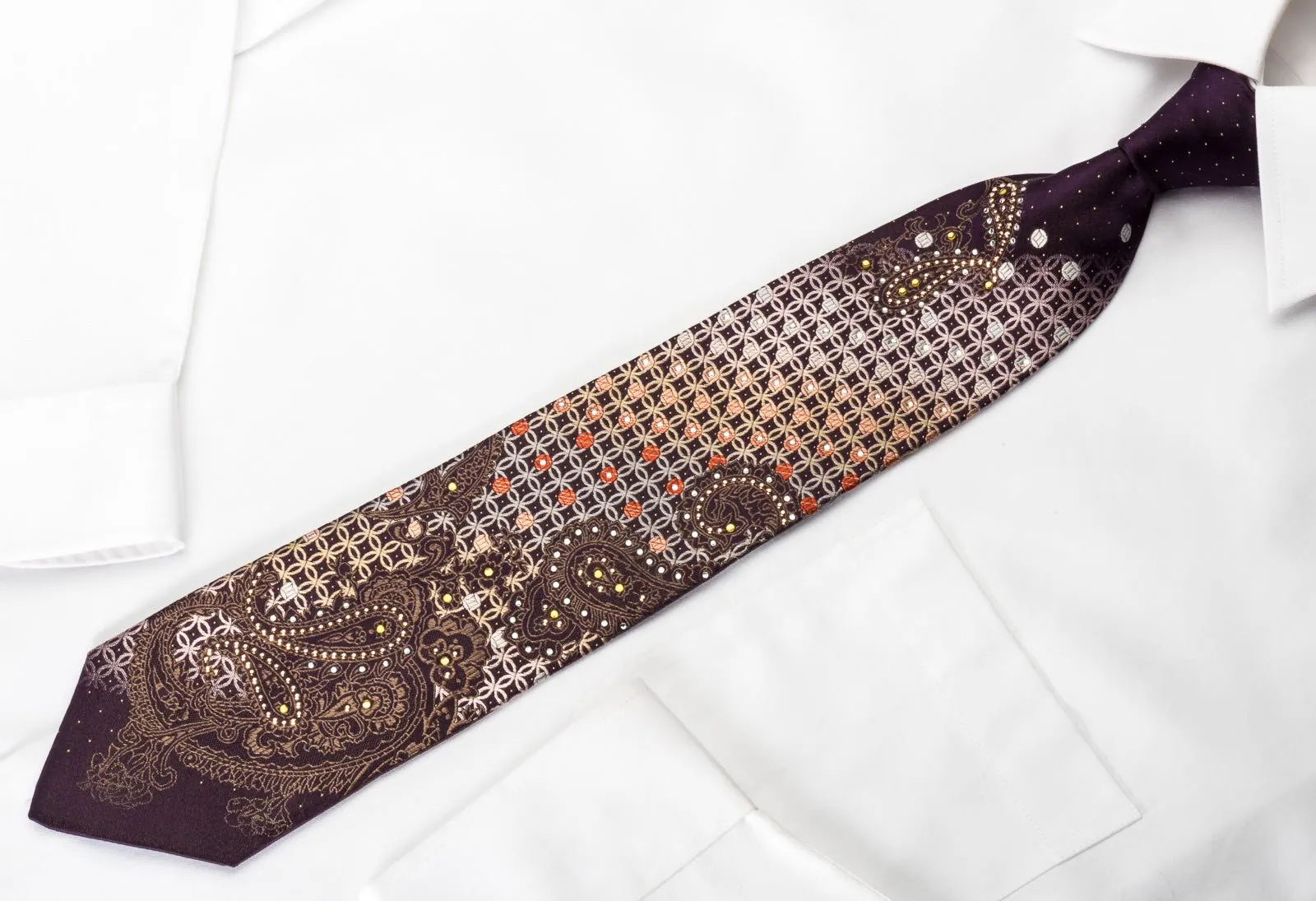 Elegance Silk Rhinestone Necktie Paisley Interlocking Circles On Brown With Silver Sparkles