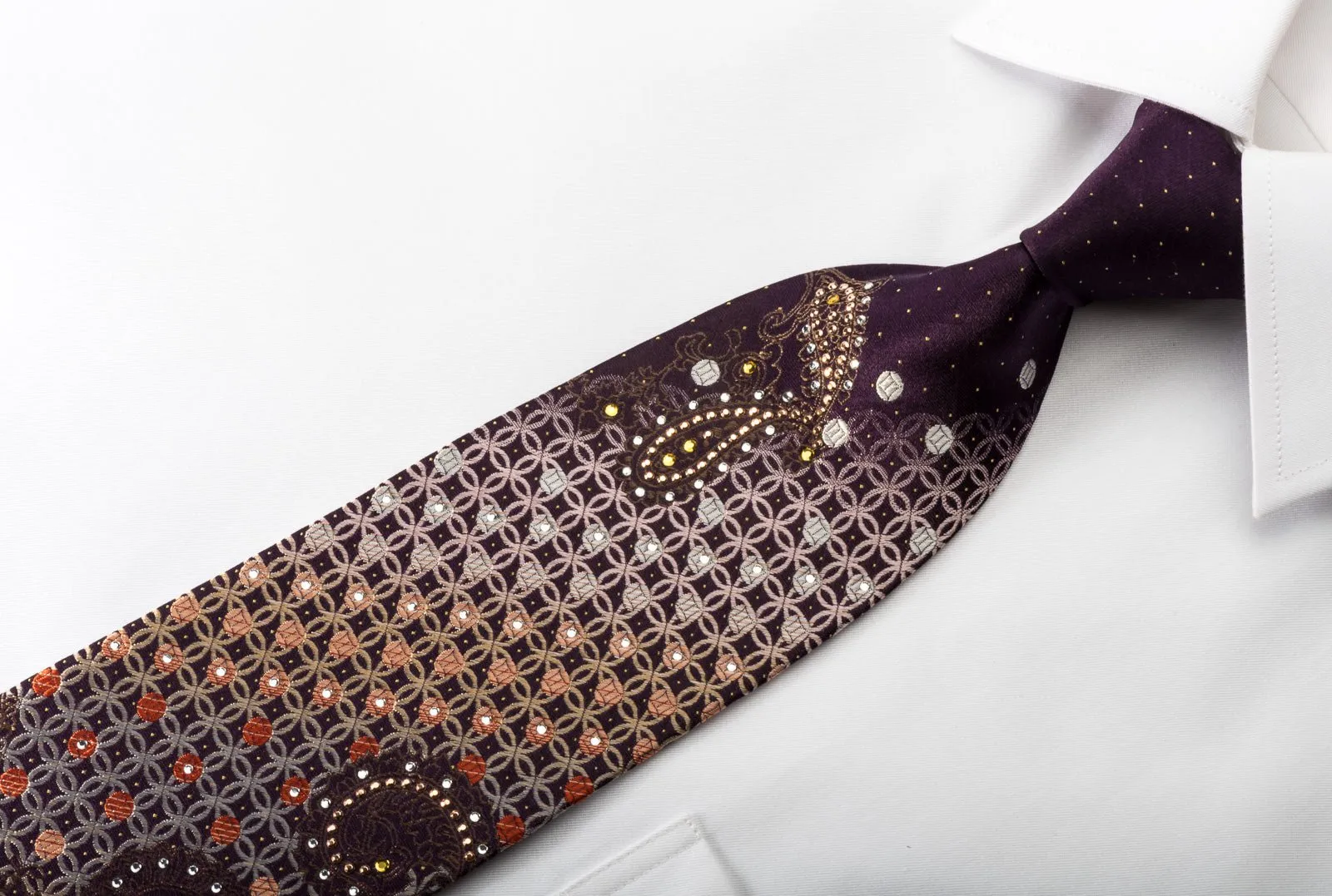 Elegance Silk Rhinestone Necktie Paisley Interlocking Circles On Brown With Silver Sparkles