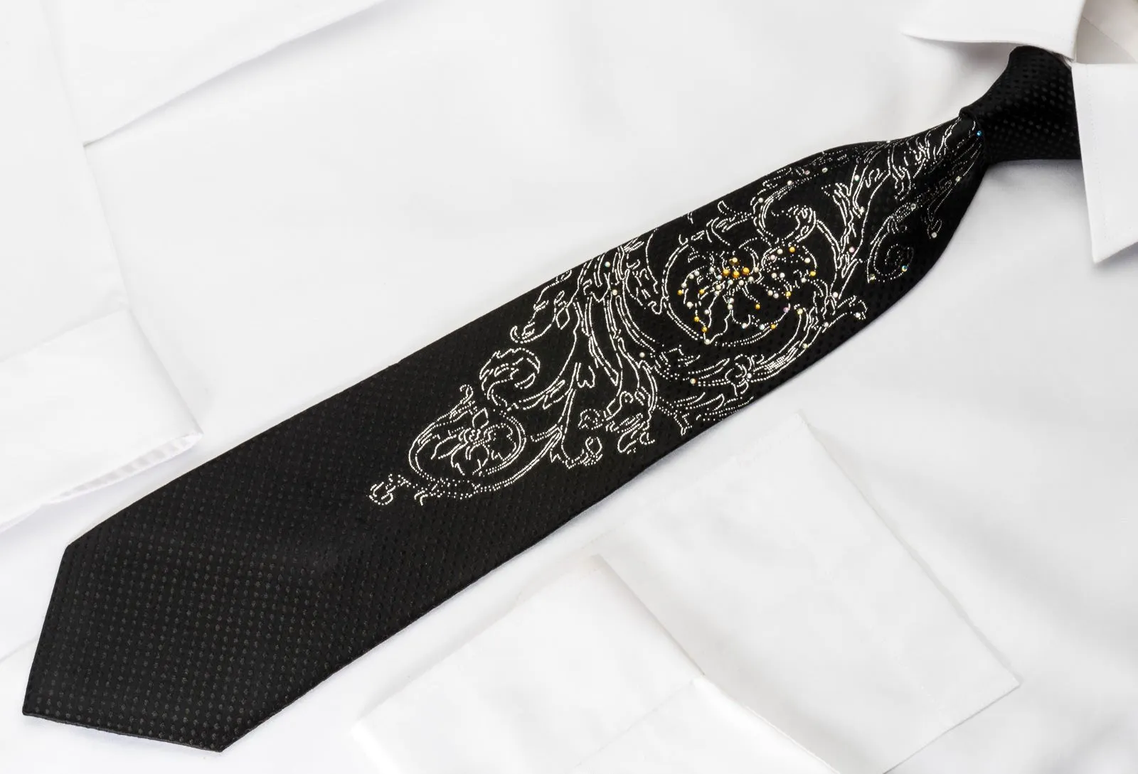 Elegance Silk Rhinestone Necktie Silver Floral On Black With Sparkles