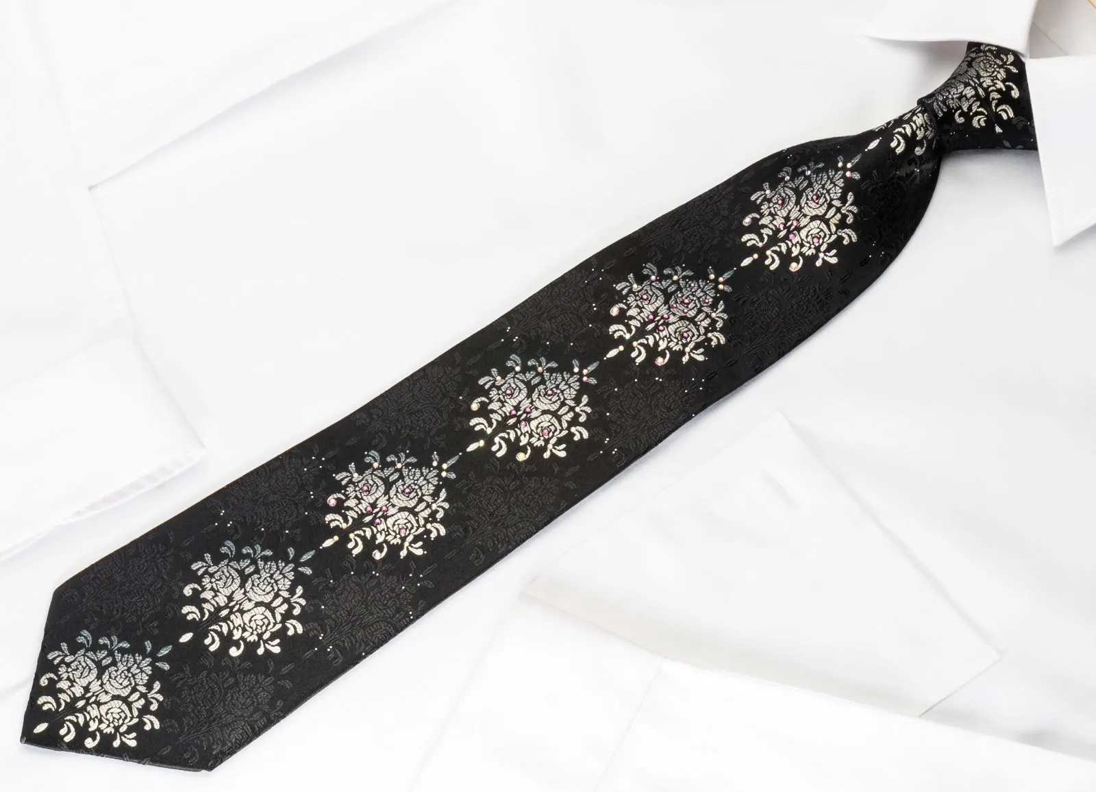 Elegance Silk Rhinestone Necktie Silver Floral On Black With Sparkles