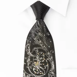 Elegance Silk Rhinestone Necktie Silver Floral On Black With Sparkles