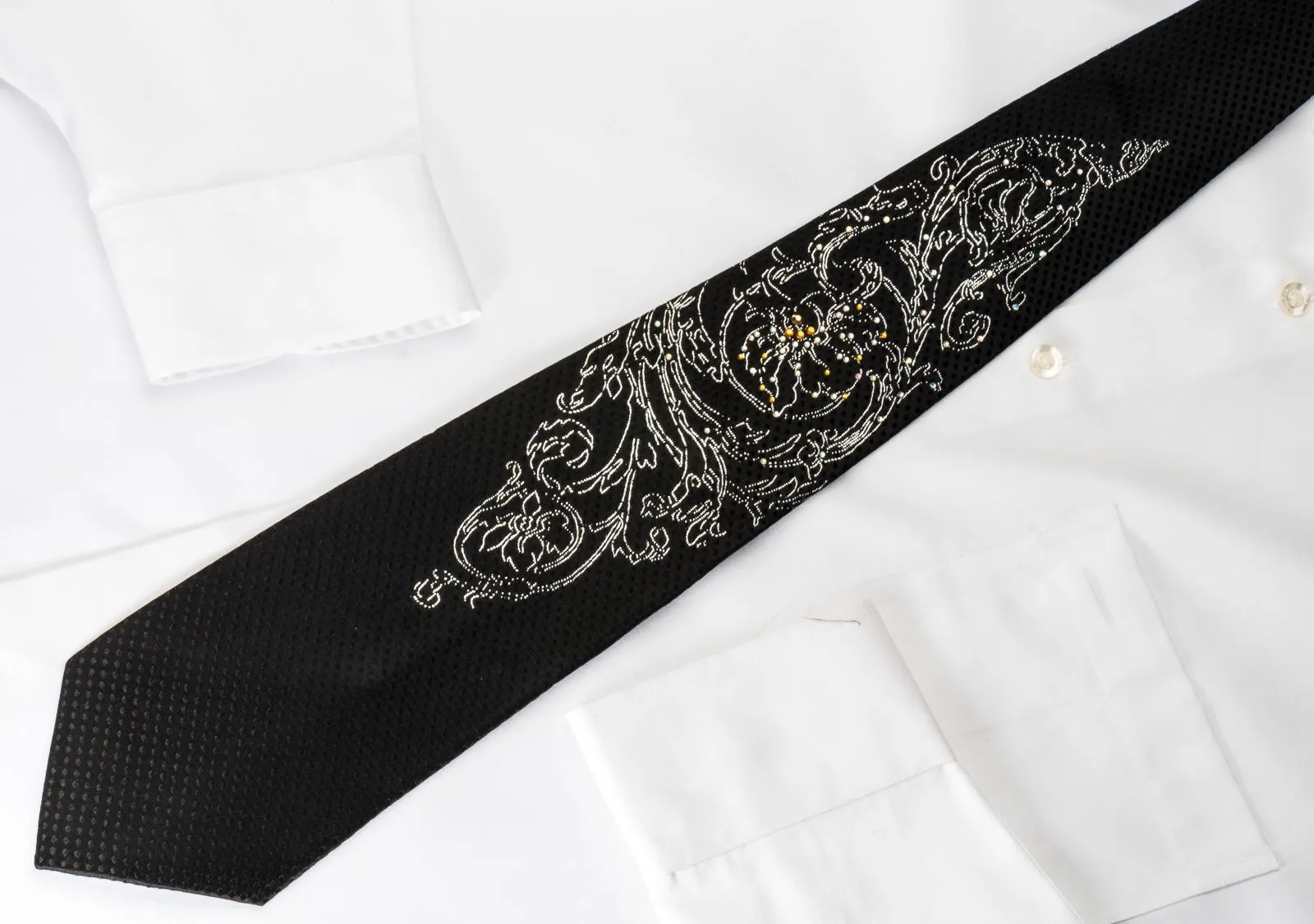 Elegance Silk Rhinestone Necktie Silver Floral On Black With Sparkles