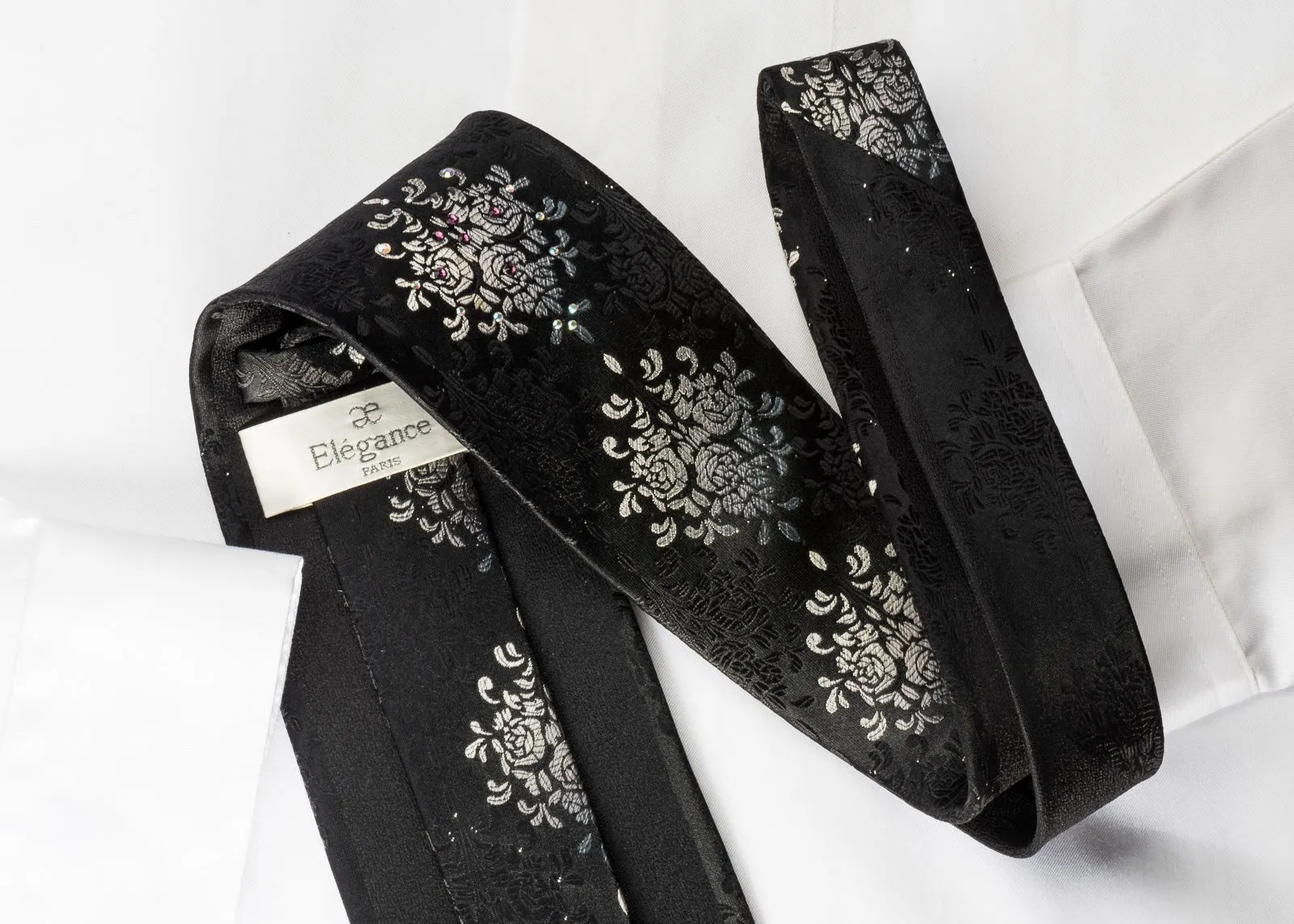 Elegance Silk Rhinestone Necktie Silver Floral On Black With Sparkles