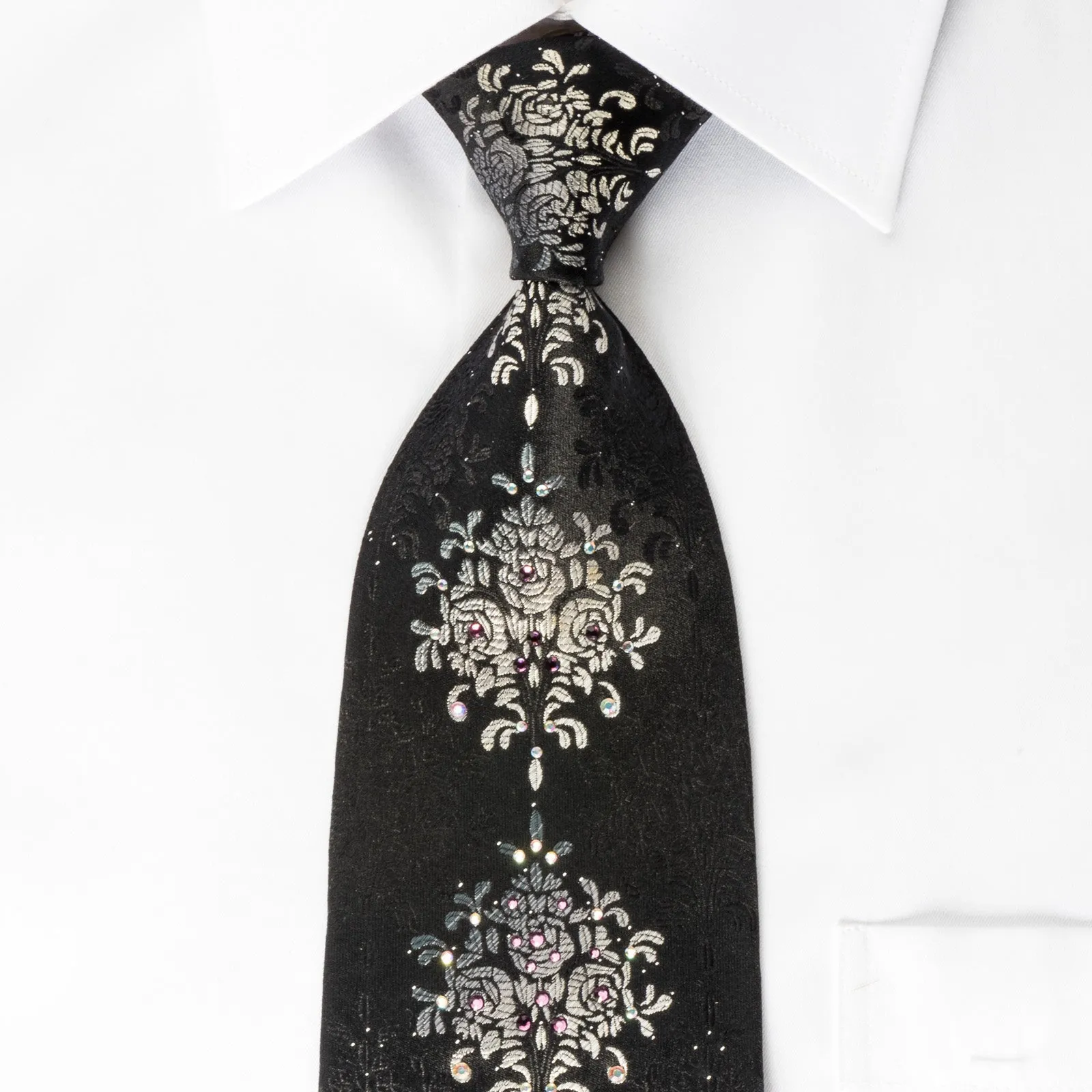 Elegance Silk Rhinestone Necktie Silver Floral On Black With Sparkles