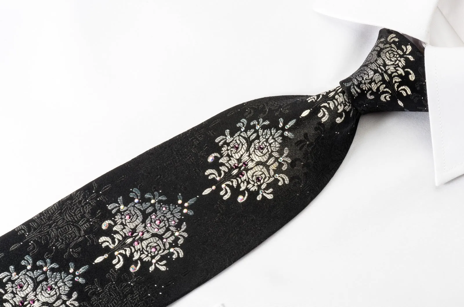 Elegance Silk Rhinestone Necktie Silver Floral On Black With Sparkles