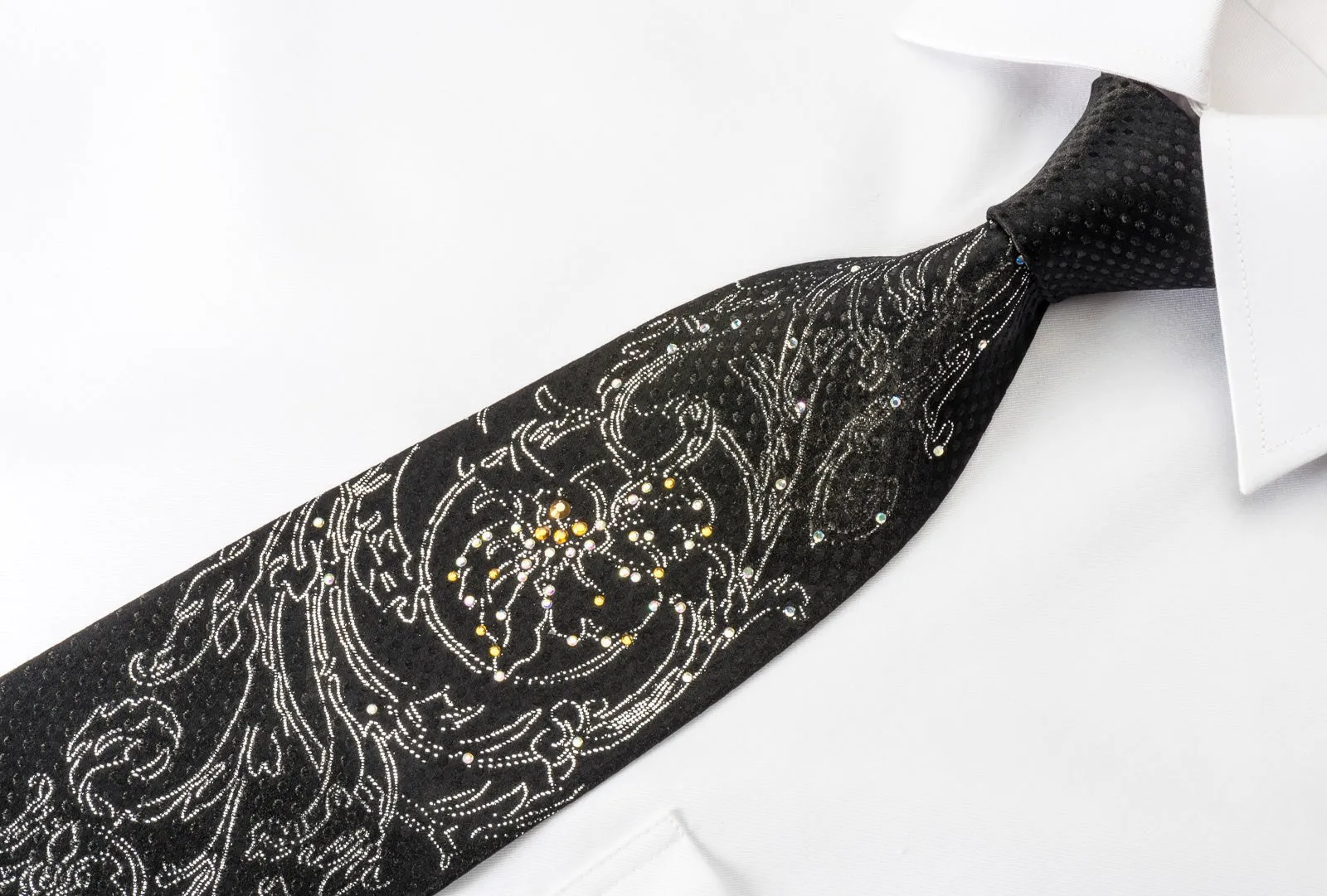 Elegance Silk Rhinestone Necktie Silver Floral On Black With Sparkles