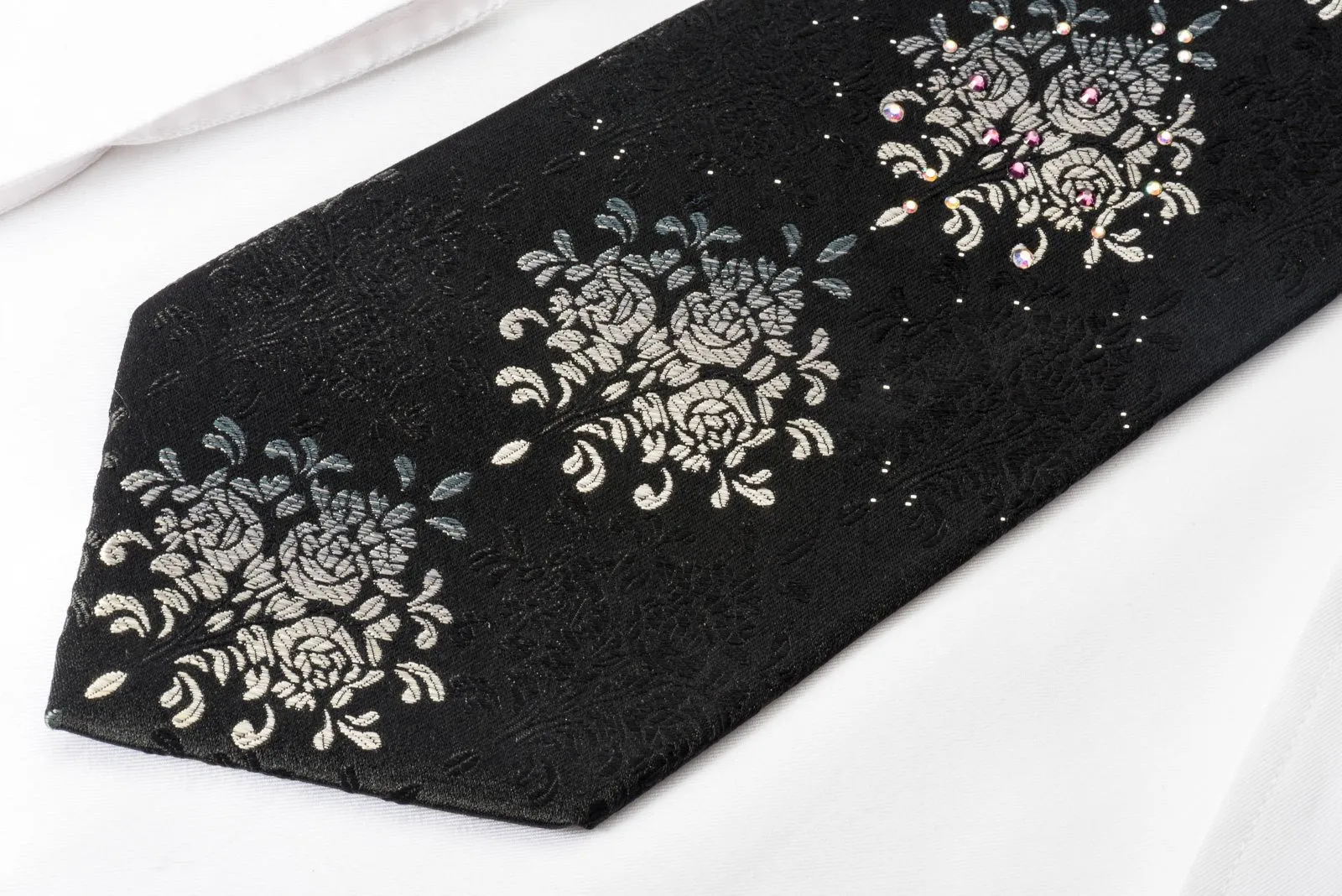 Elegance Silk Rhinestone Necktie Silver Floral On Black With Sparkles