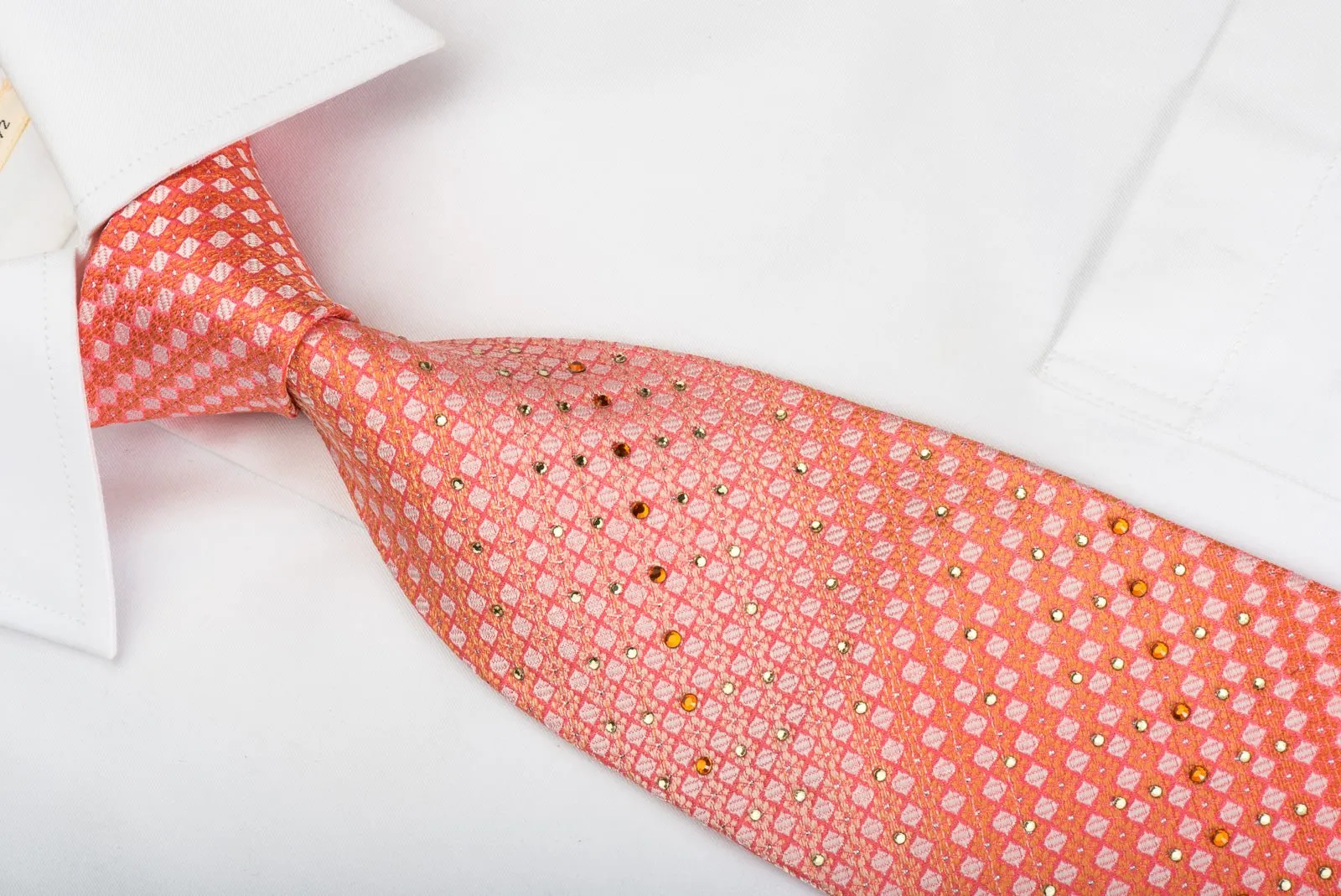 Elle Homme Rhinestone Tie Orange Checkered With Silver Sparkles