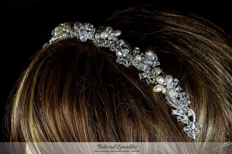 Eva Floral Cream Pearl Silver Headband | Swarovski Crystal