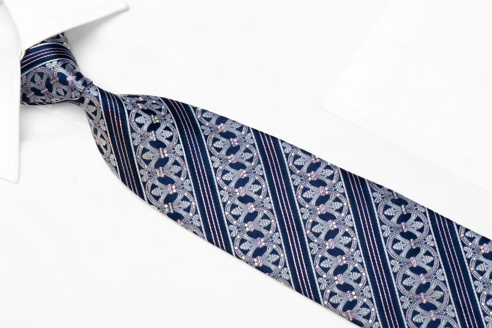 Franco Ferraro Rhinestone Silk Necktie Silver Cartouche Striped On Blue With Sparkles