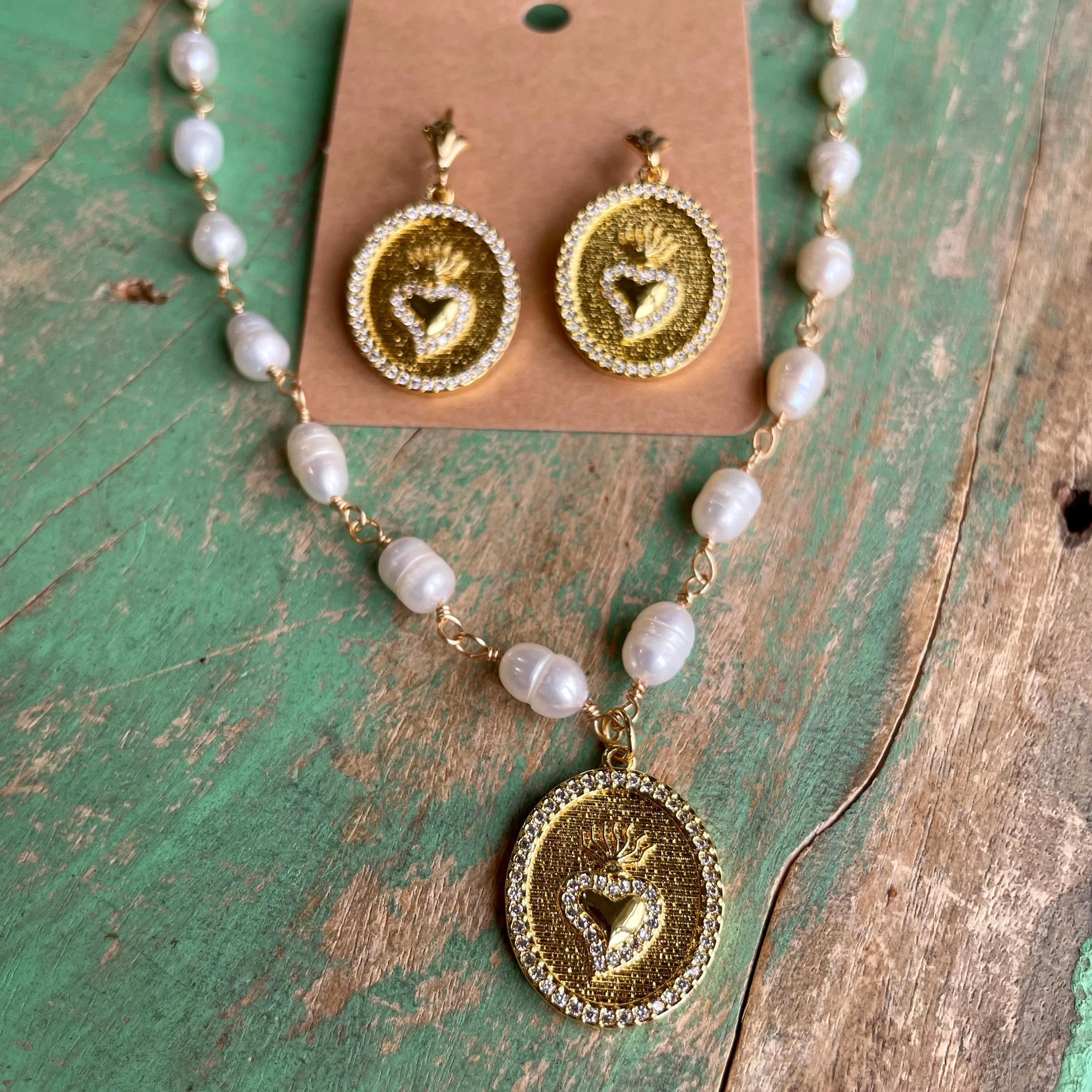 Freshwater Pearl CZ Sacred Heart Necklace and Earrings