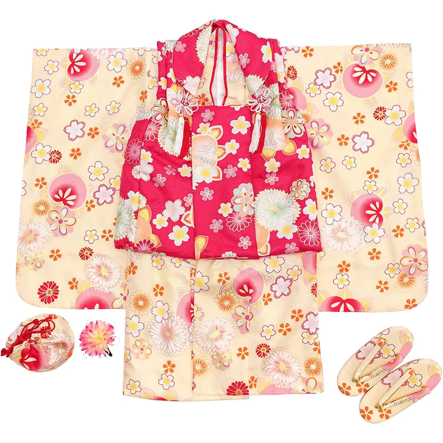 Full Kimono Set for 3 Years Old Yellow & Pink Shichigosan/New Years Ceremony