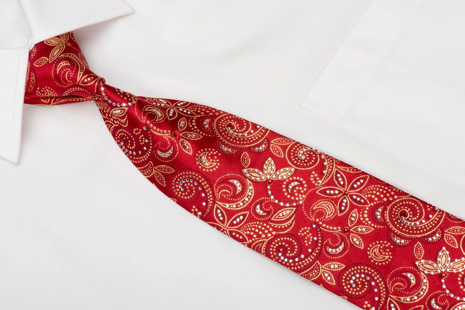 Gold Floral On Red Rhinestone Silk Tie With Golden Sparkles