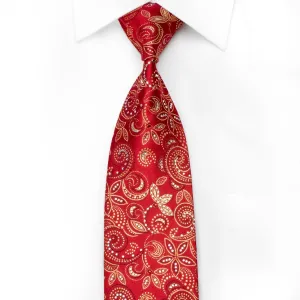 Gold Floral On Red Rhinestone Silk Tie With Golden Sparkles